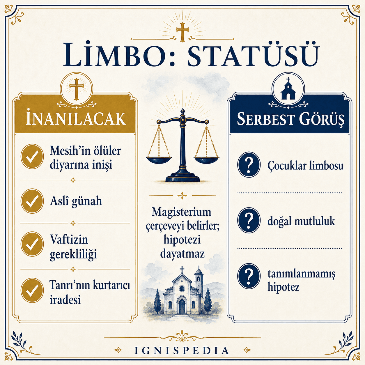 Limbonun doktrinel statüsünü gösteren Türkçe infografik: inanılacak hakikatler ile serbest teolojik görüş arasındaki ayrım