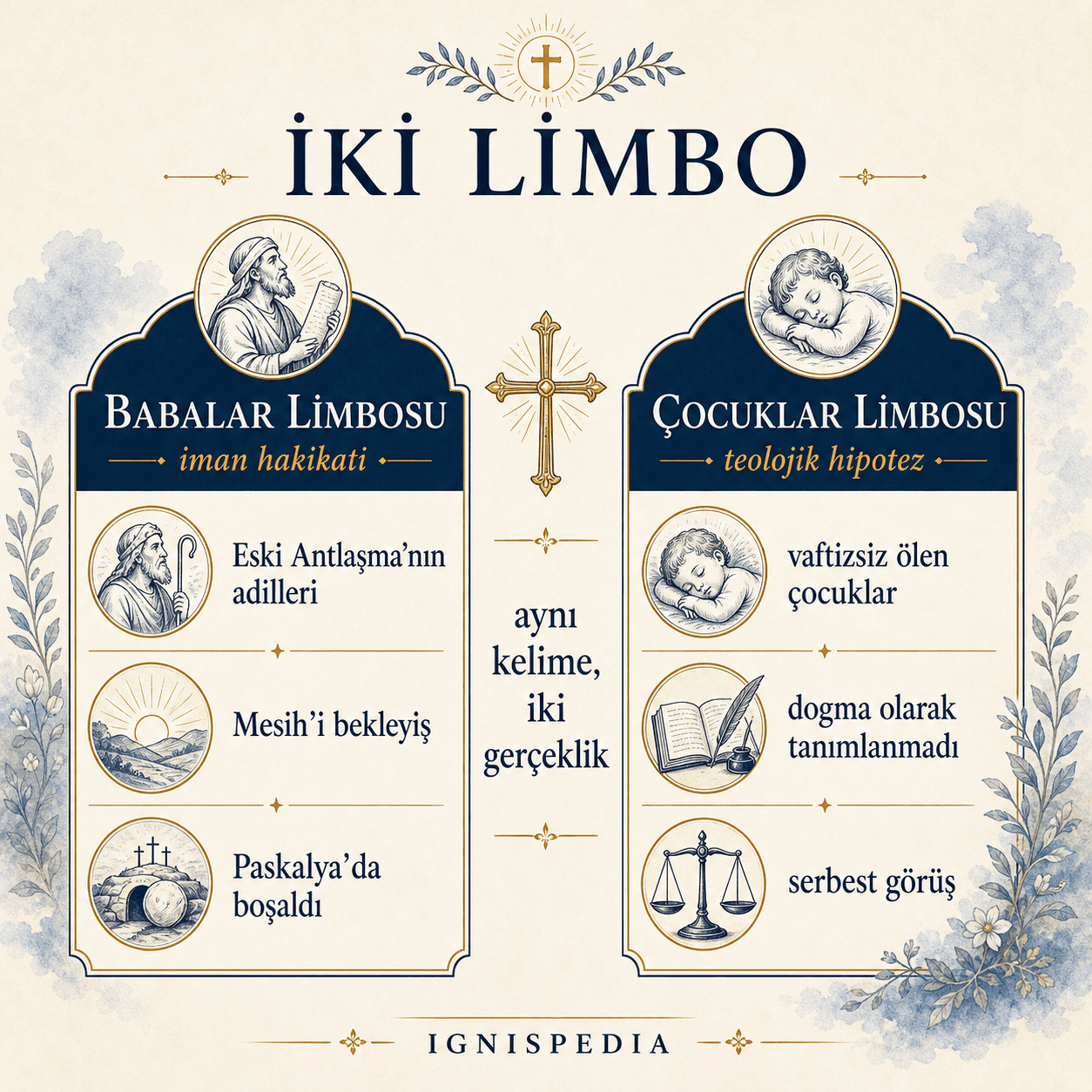 Babalar limbosunu (iman hakikati, Paskalya'da boşaldı) ve çocuklar limbosunu (hiçbir zaman tanımlanmamış teolojik hipotez) karşılaştıran Türkçe infografik