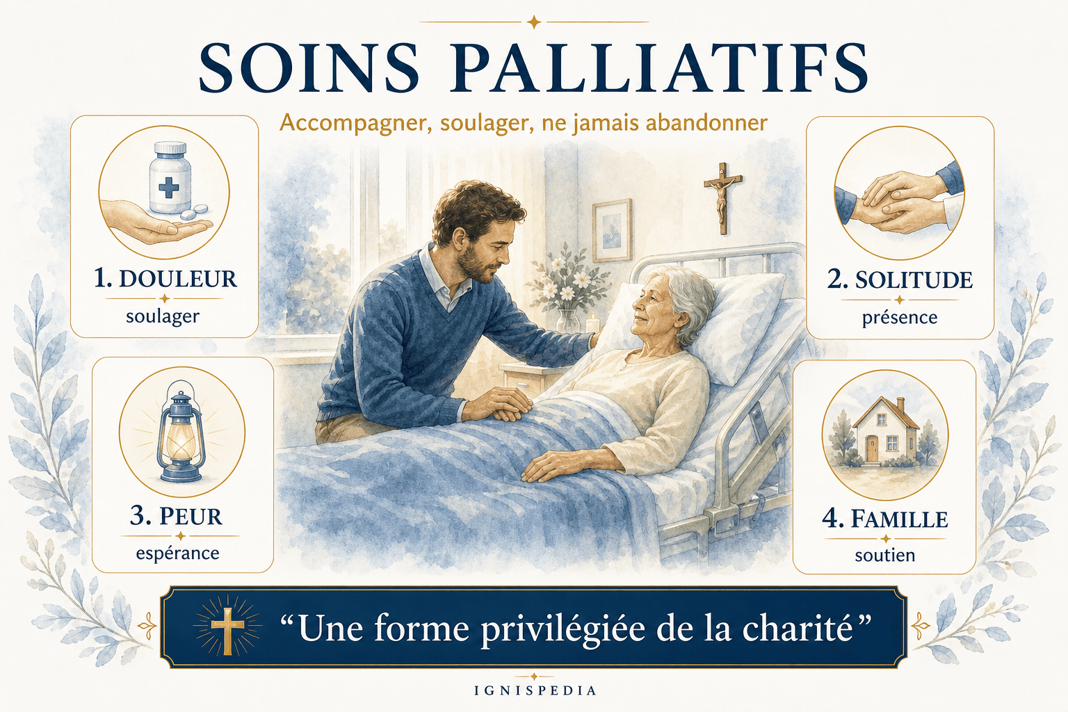 Infografia sobre os cuidados paliativos: aliviar a dor, romper a solidão, sustentar a esperança e acompanhar a família