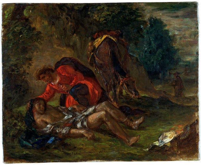 Le Bon Samaritain secourant le voyageur blessé — peinture patrimoniale