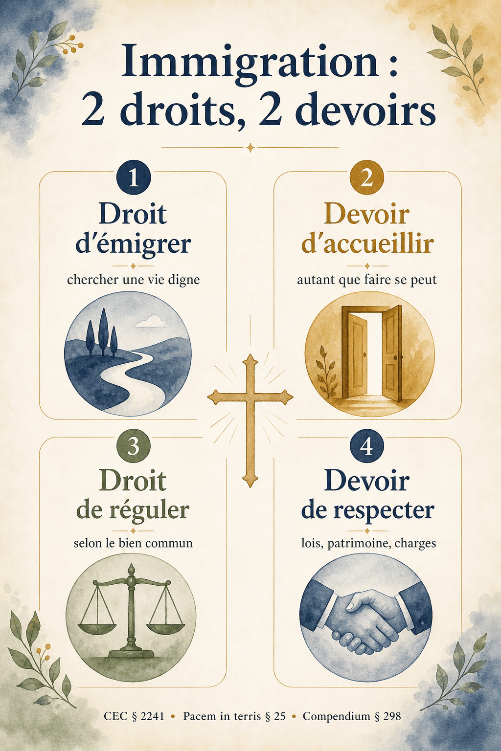 Infographie — les deux droits et les deux devoirs articulés par la doctrine catholique de l'immigration : droit d'émigrer, devoir d'accueillir, droit de réguler, devoir de respecter