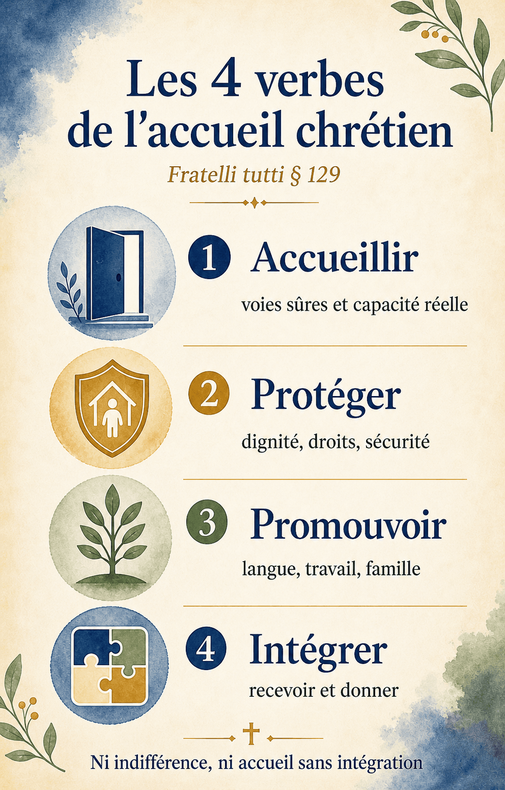 Infographie — les quatre verbes du pape François pour la pastorale des migrants : accueillir, protéger, promouvoir, intégrer
