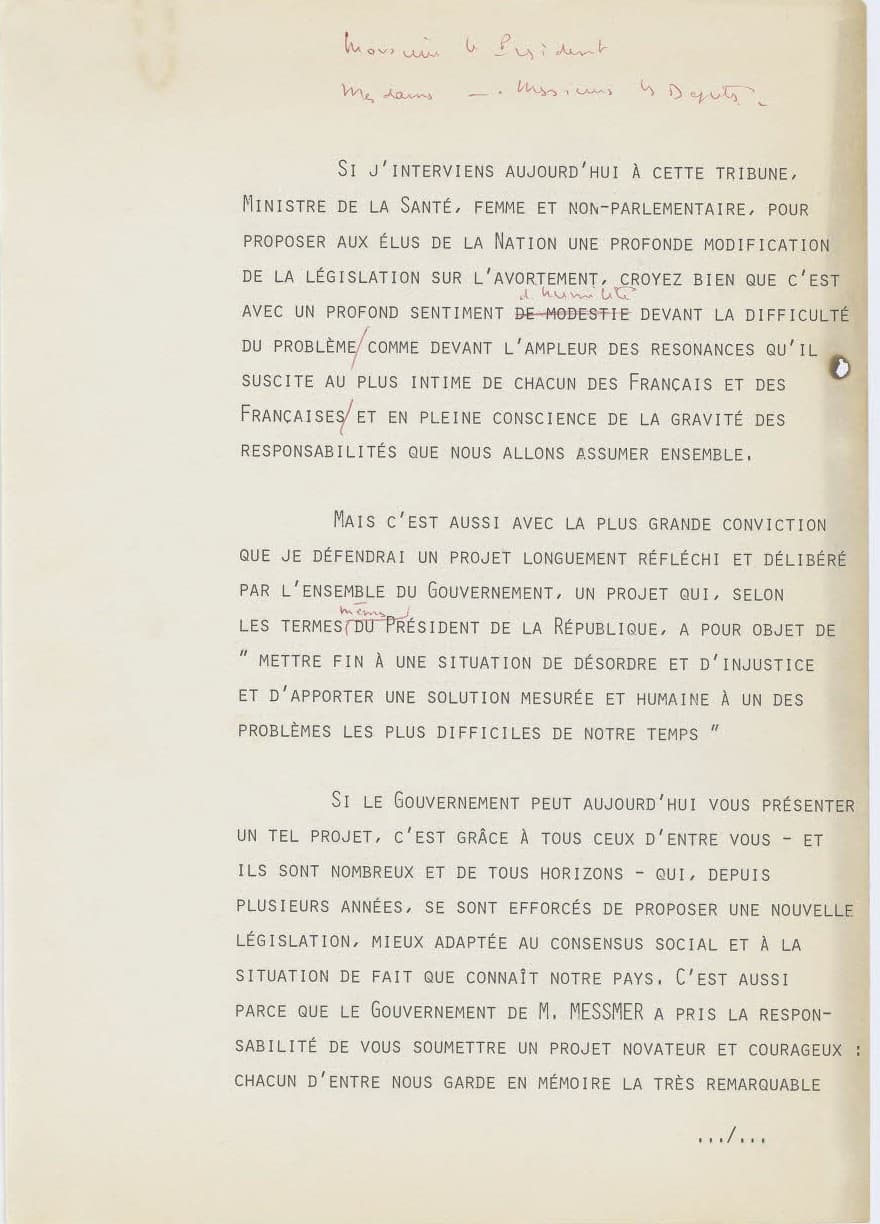 Prima pagina del discorso di Simone Veil all'Assemblea nazionale nel 1974