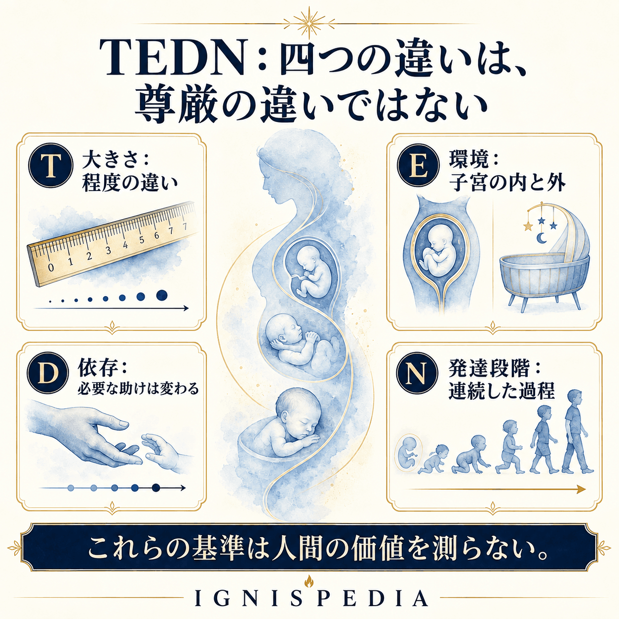 TEDN基準のインフォグラフィック：大きさ、環境、依存度、発達の程度