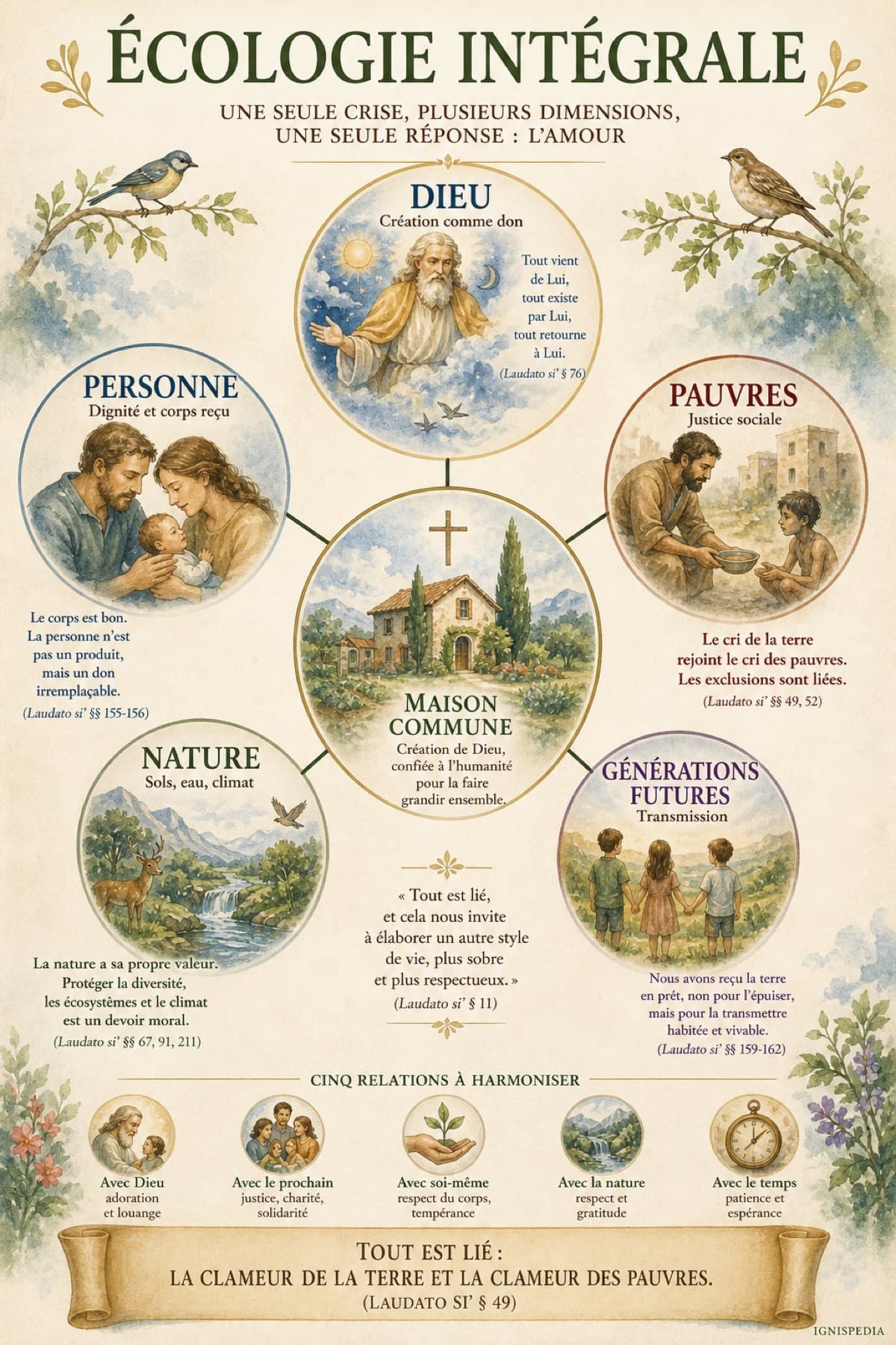 Schéma de l'écologie intégrale : nature, pauvres, famille, dignité, transcendance