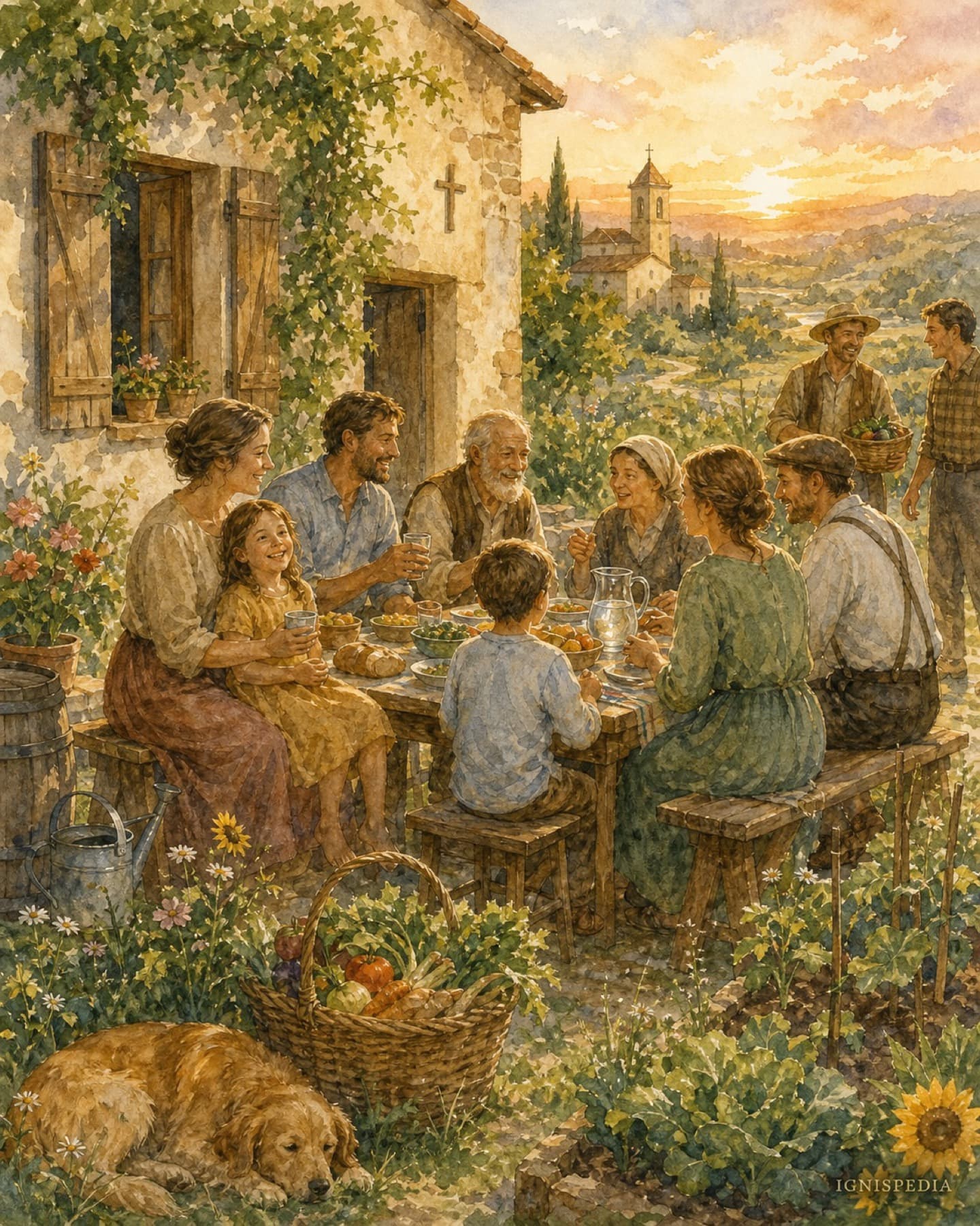 Repas frugal partagé en famille — image de la sobriété joyeuse chrétienne