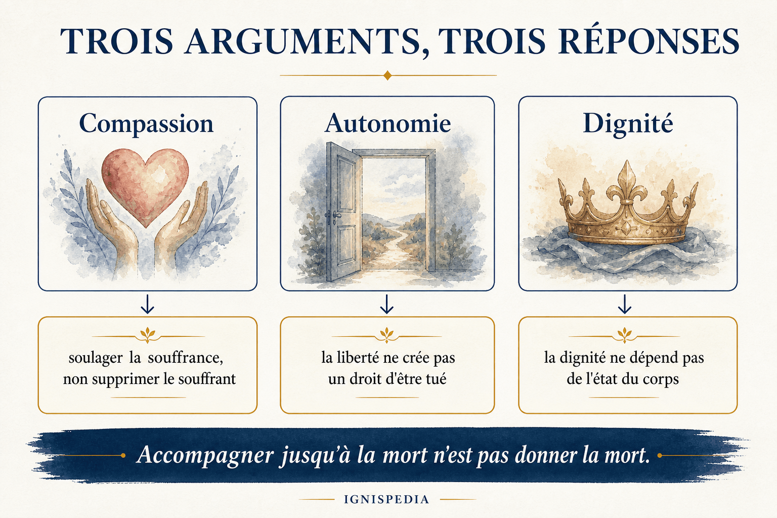 Infographie Ignispedia comparant compassion, autonomie et dignité dans le débat sur l'euthanasie
