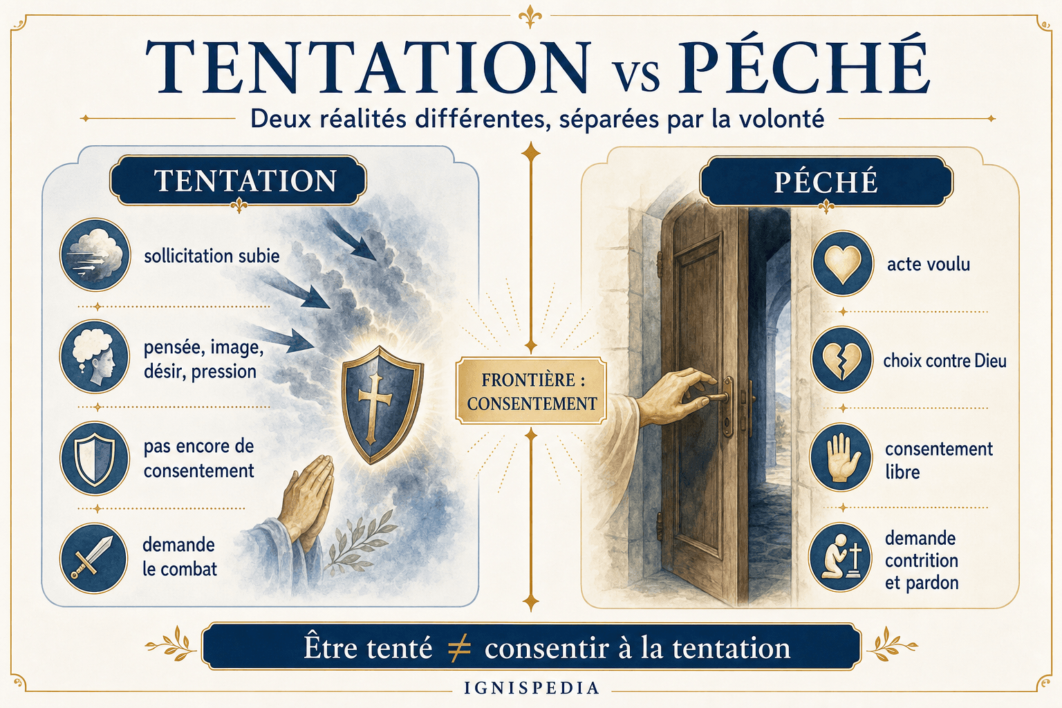 Infographie Ignispedia comparant tentation et péché, séparés par la frontière du consentement