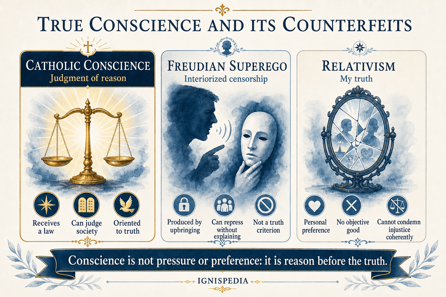 Infographic — true conscience and its modern counterfeits: the Freudian superego and relativism