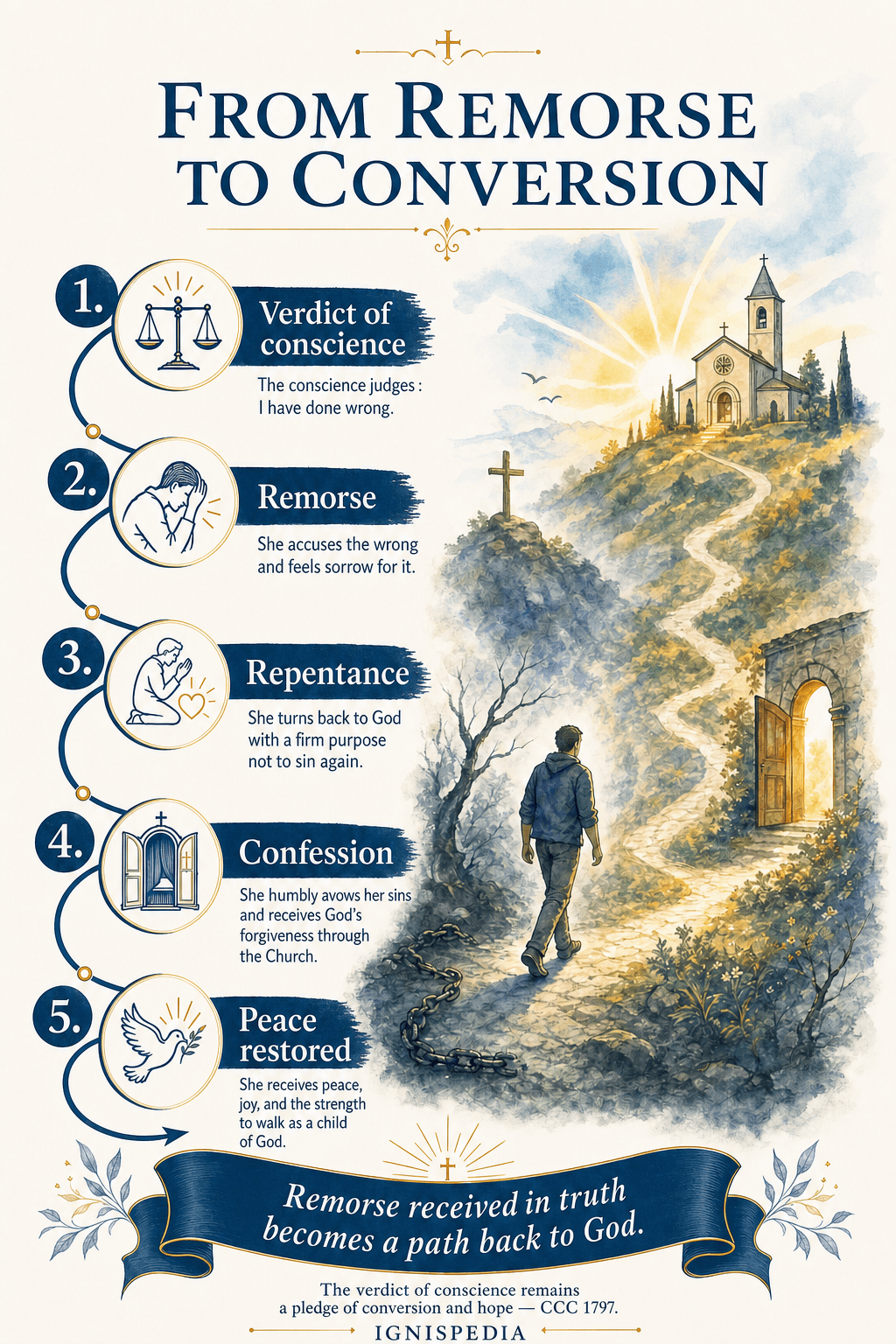 Infographic — from remorse to conversion: verdict, remorse, repentance, confession, peace