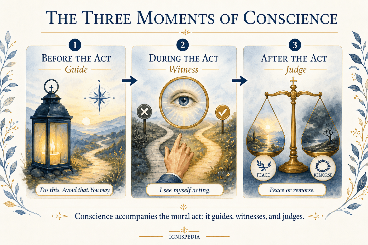 Infographic — the three moments of moral conscience: antecedent, concomitant, consequent