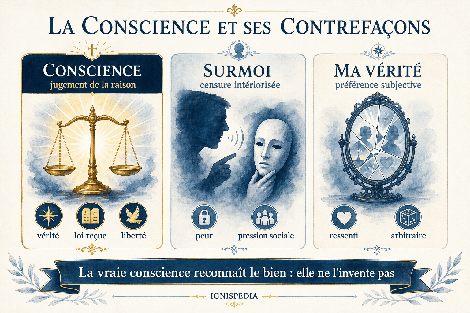Infographie — la conscience véritable face à ses contrefaçons modernes : le surmoi freudien et le relativisme