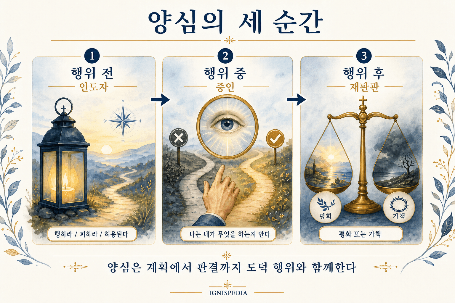 인포그래픽 — 도덕적 양심의 세 시기: 선행 양심, 동시 양심, 결과 양심