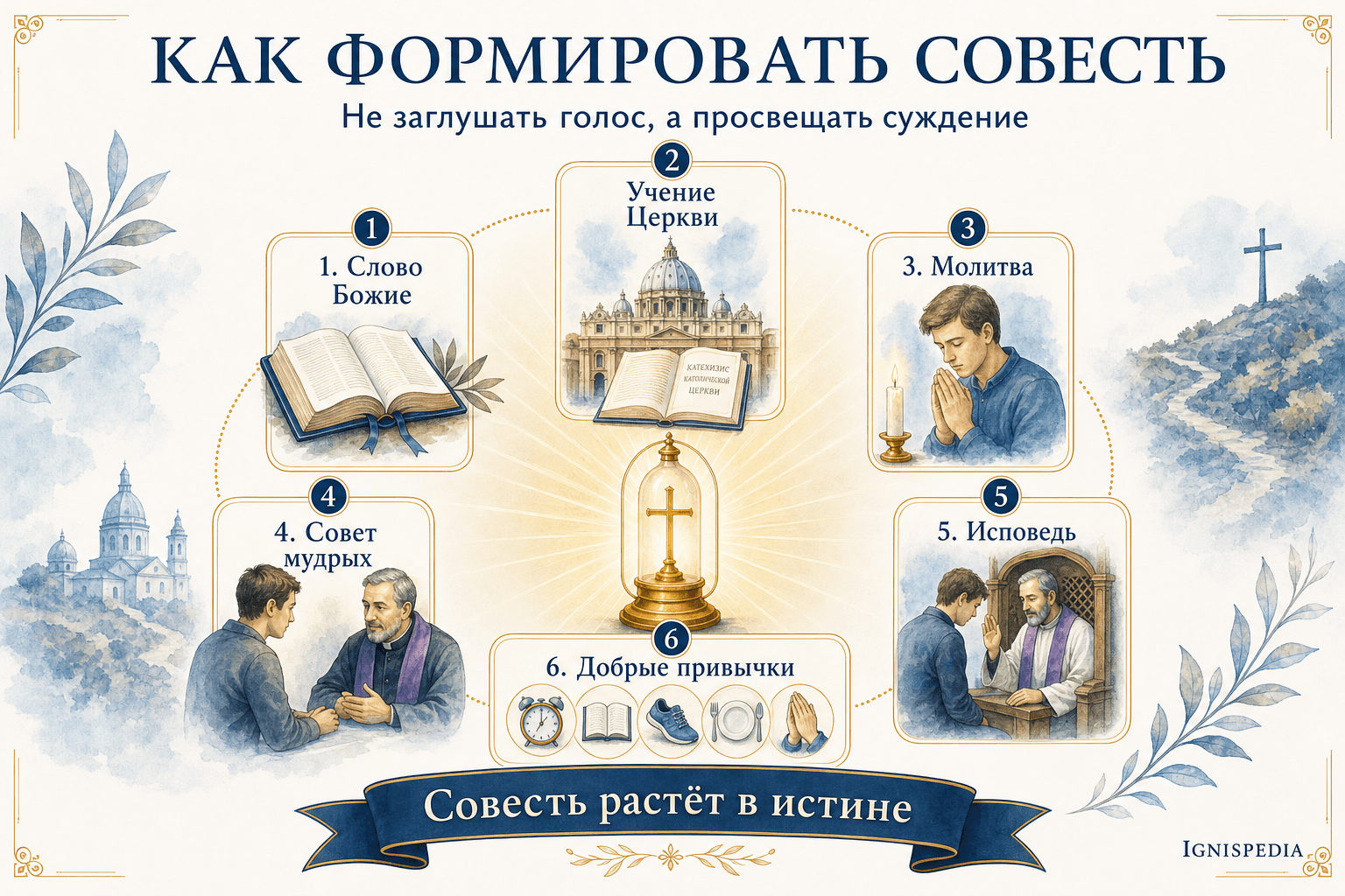 Инфографика — средства формирования нравственной совести: Слово Божие, Церковь, молитва, благоразумие, дары Духа Святого
