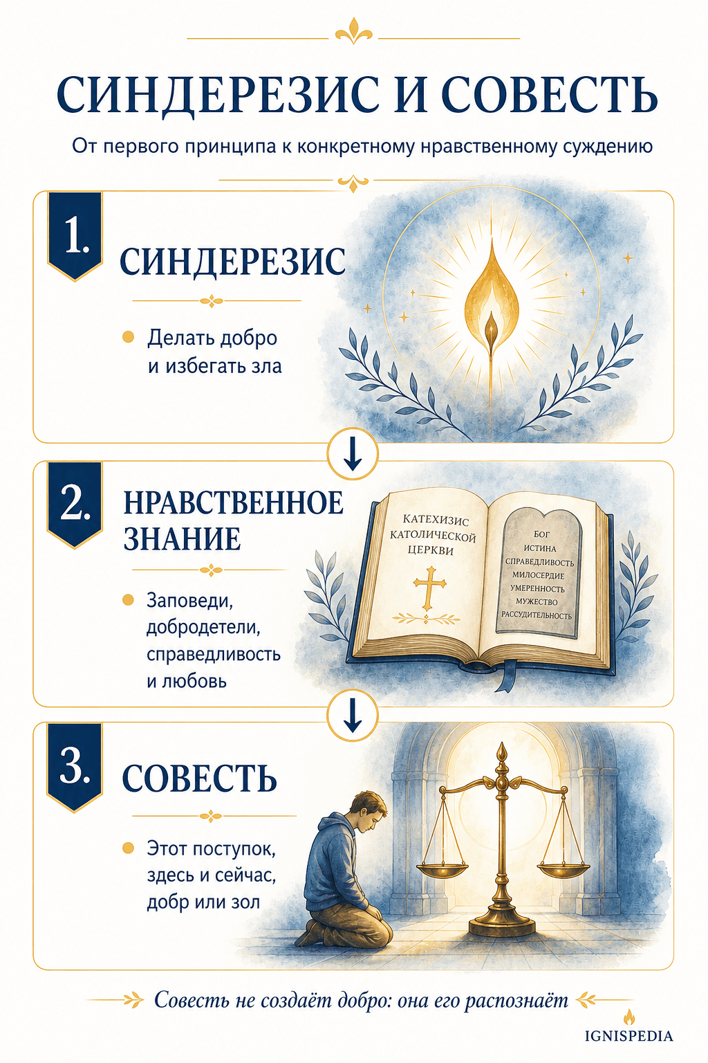 Инфографика — различие между синдерезисом, нравственным знанием и совестью по святому Фоме Аквинскому