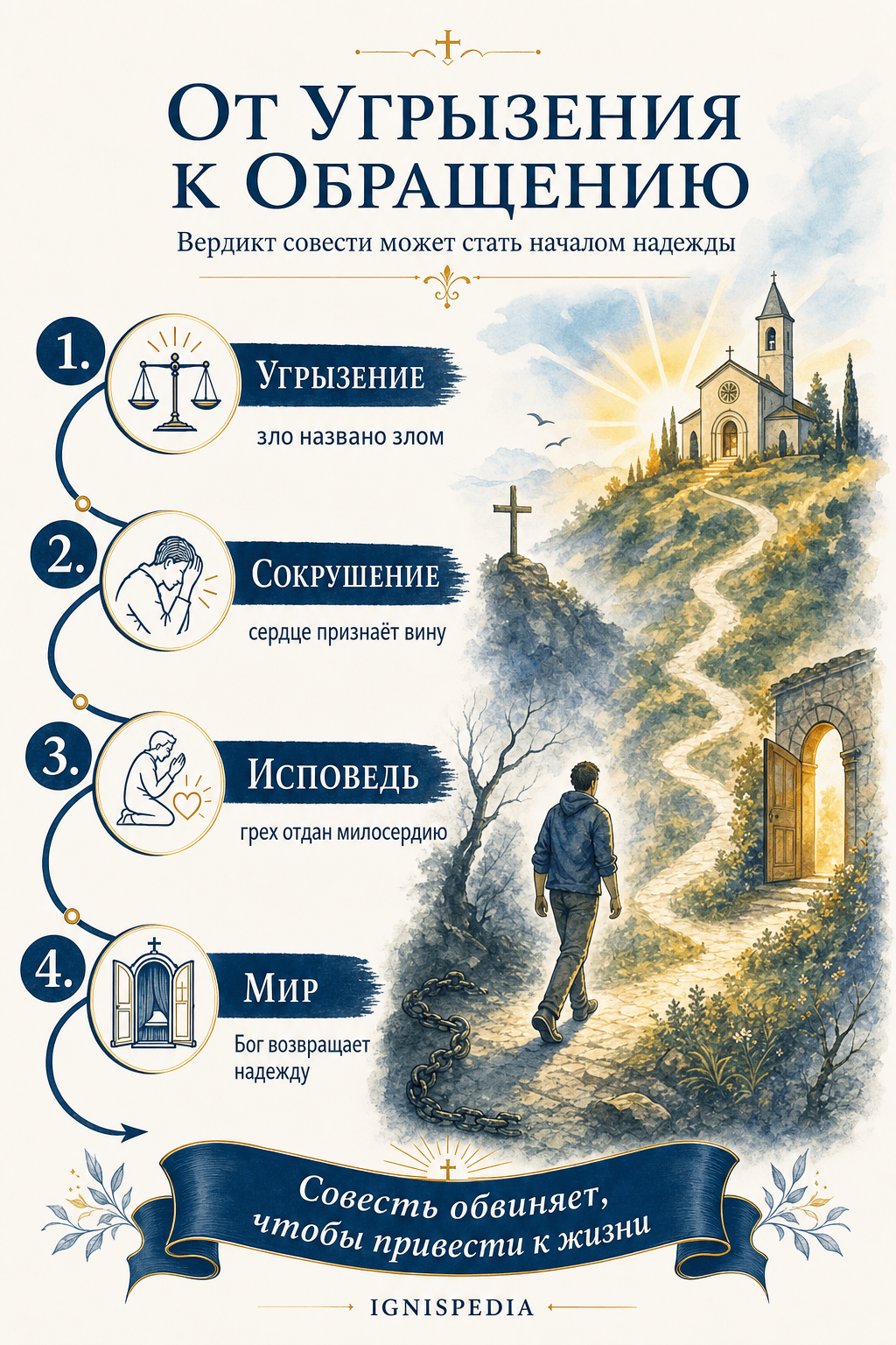Инфографика — от угрызений совести к обращению: приговор, угрызения, покаяние, исповедь, обретённый мир