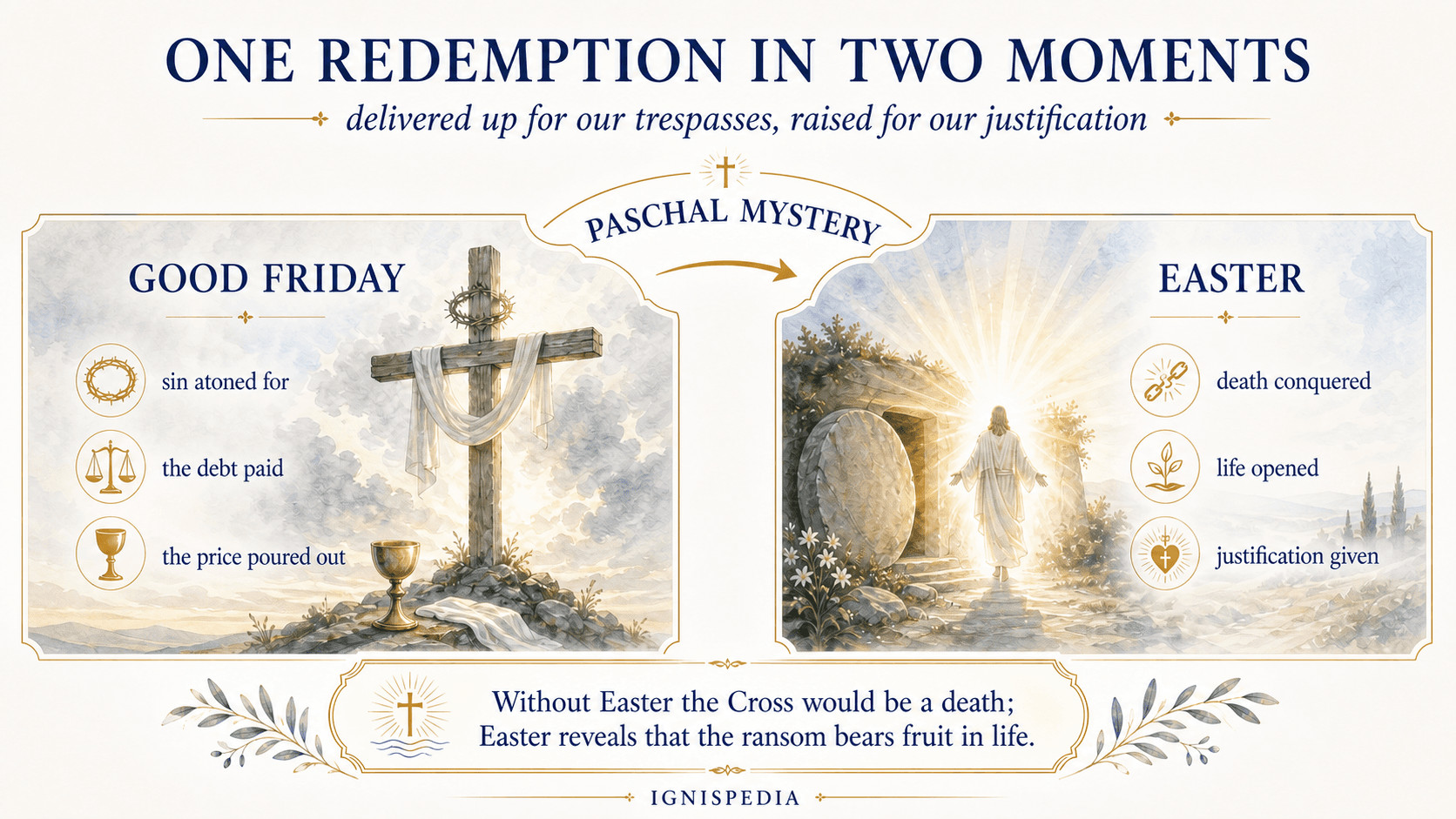 Infographic showing the Cross and the Resurrection as one Redemption in two stages: Good Friday and Easter