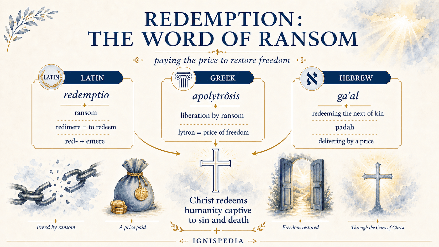 Infographic explaining the etymology of redemption: redemptio, apolytrôsis, ga'al and padah as vocabulary of ransom and liberation
