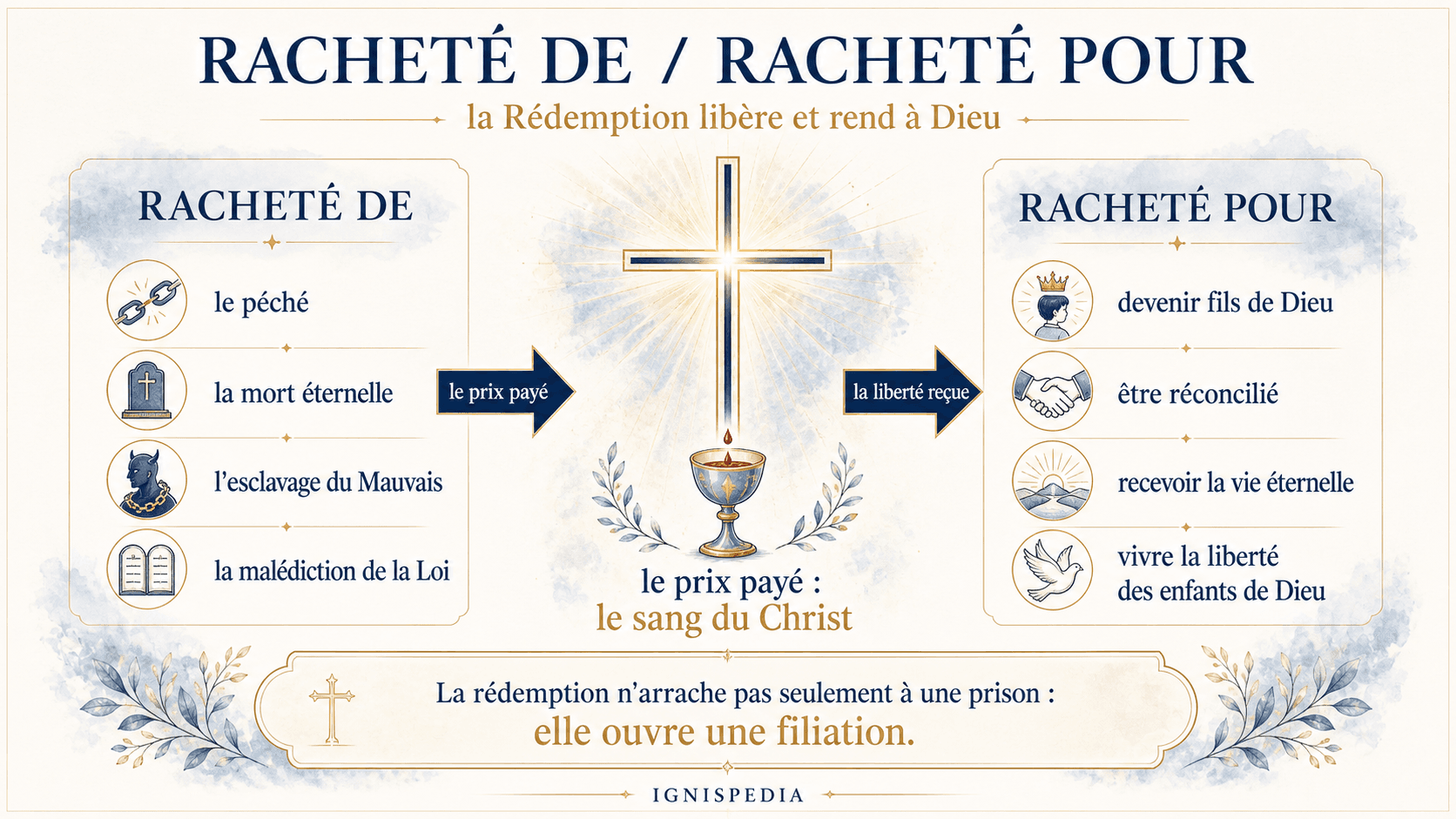 Infografica Riscattato da e riscattato per: Cristo libera dal peccato, dalla morte, dal Maligno e dalla maledizione della Legge per renderci figli di Dio