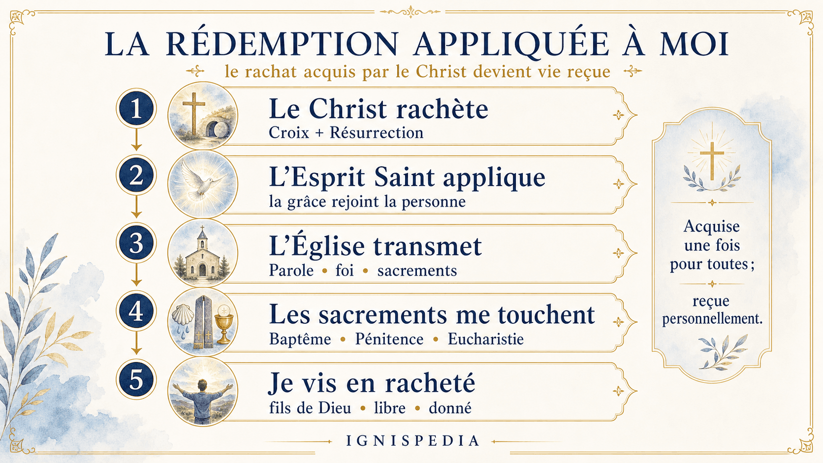 Infografica verticale che mostra come la Redenzione viene applicata alla persona mediante lo Spirito Santo, la Chiesa e i sacramenti