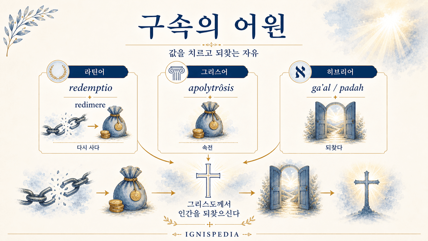 구속의 어원을 설명하는 인포그래픽: redemptio, apolytrôsis, ga'al, padah 등 속량과 해방의 성경적 용어