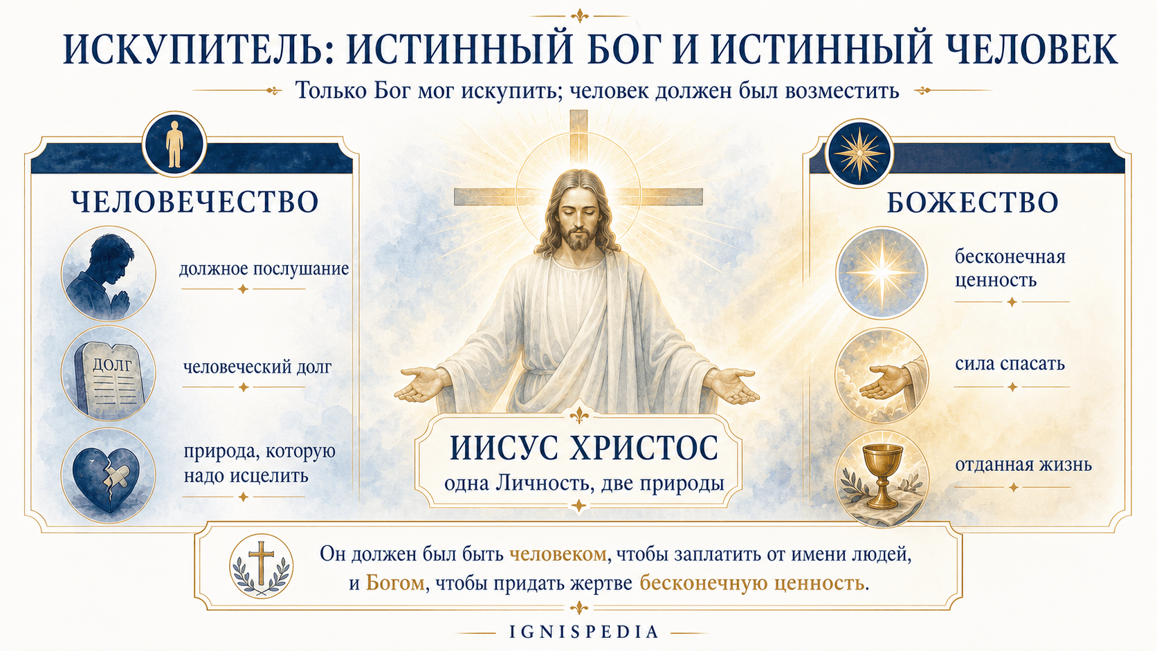 Инфографика о Искупителе — истинном Боге и истинном человеке: только Бог мог искупить, только человек должен был возместить
