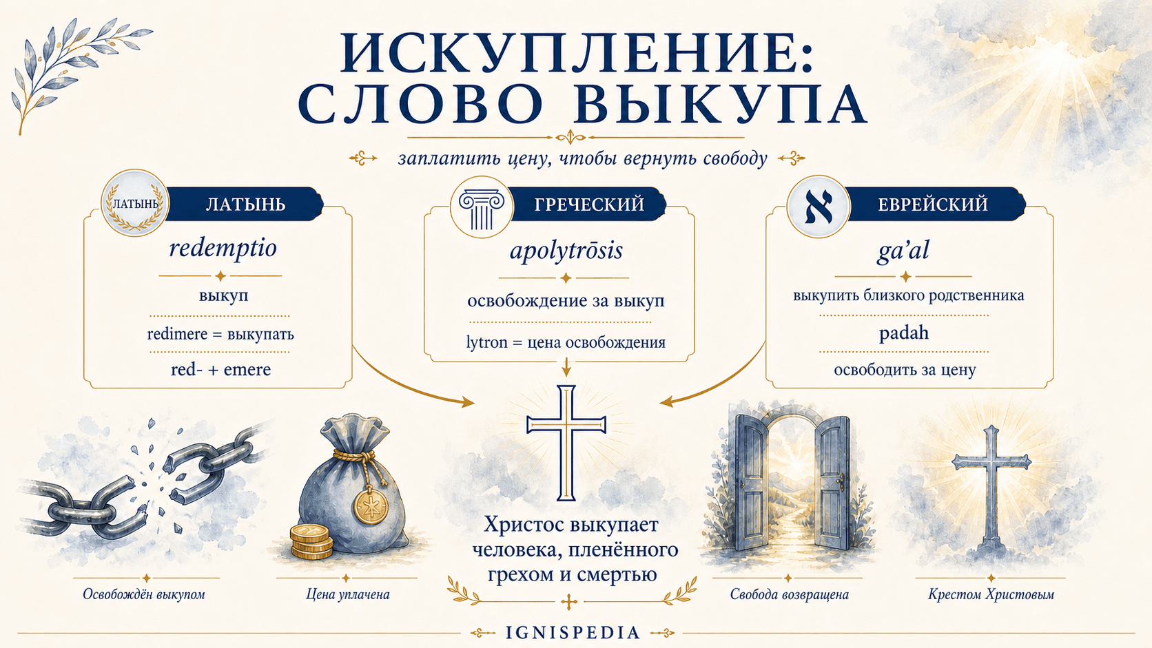 Инфографика, объясняющая этимологию искупления: redemptio, apolytrôsis, ga'al и padah как лексика выкупа и освобождения