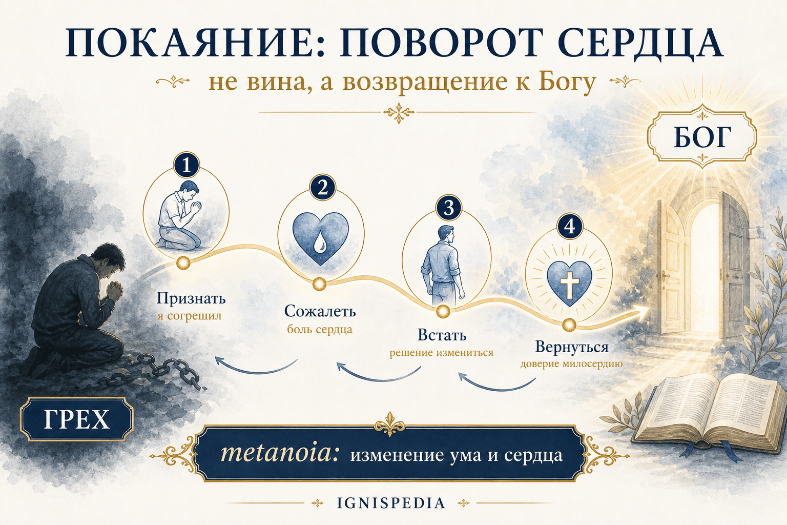 Инфографика — покаяние как поворот сердца: оставить грех и вернуться к Богу