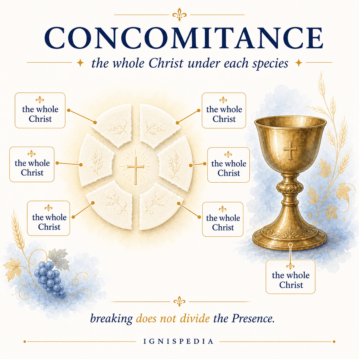 Infographic showing a broken host whose every fragment refers to the whole Christ