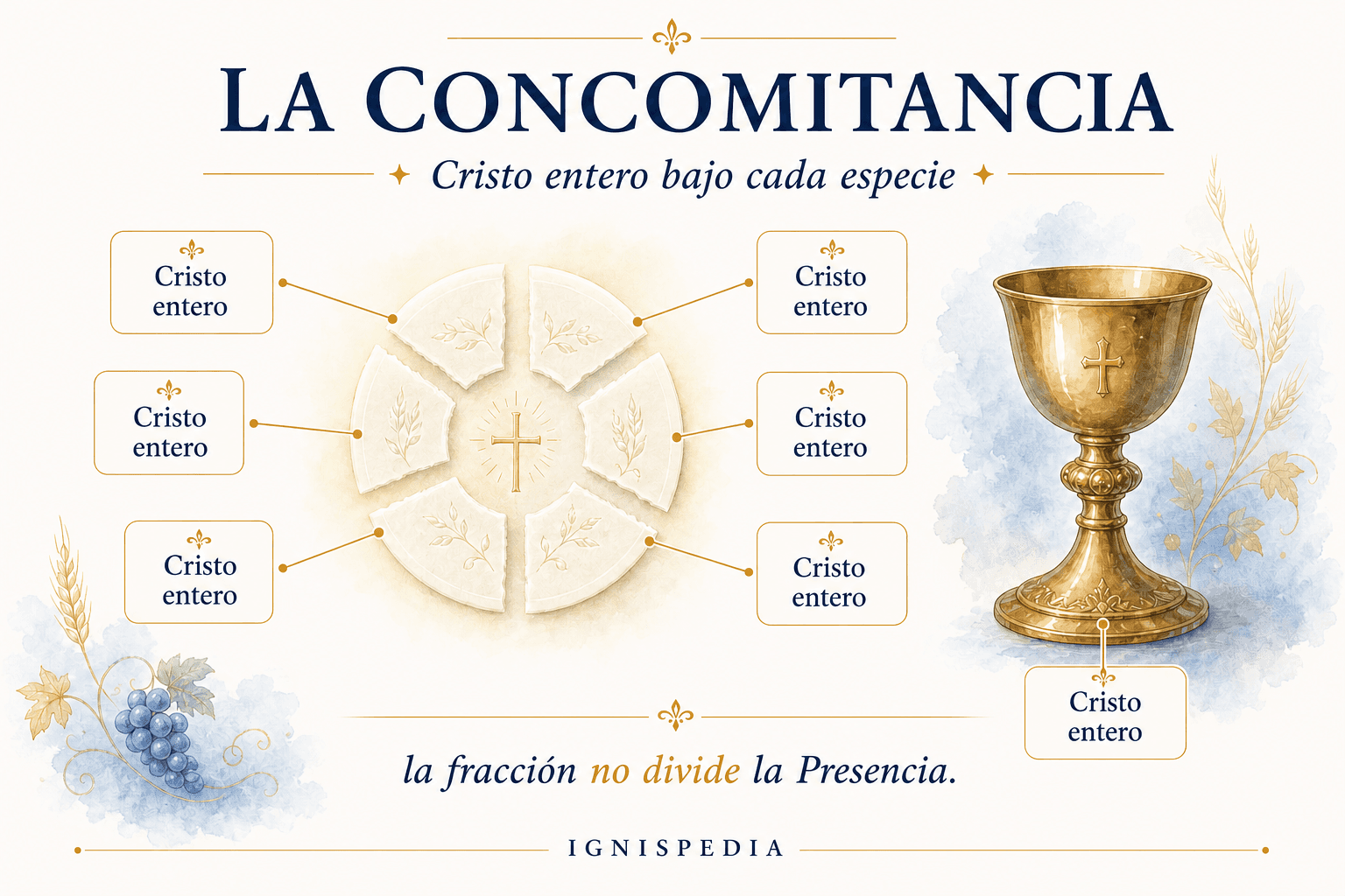 Infografía que muestra una hostia fraccionada, donde cada partícula remite a Cristo entero