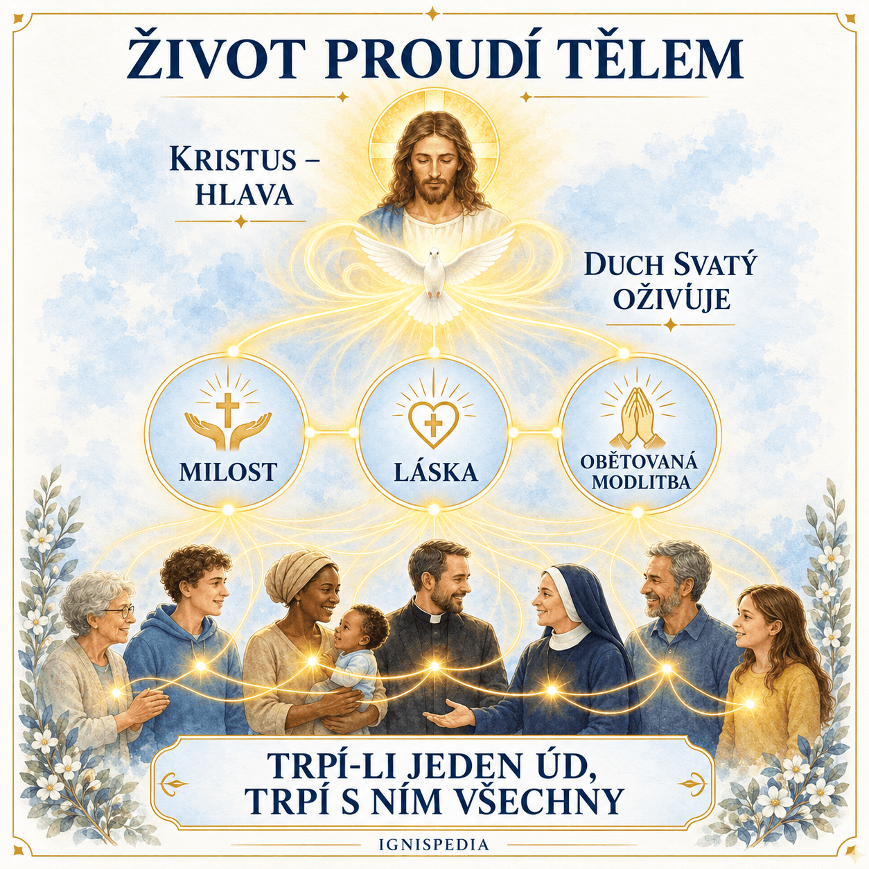 Infografika: milost, láska a obětovaná modlitba kolují v mystickém těle