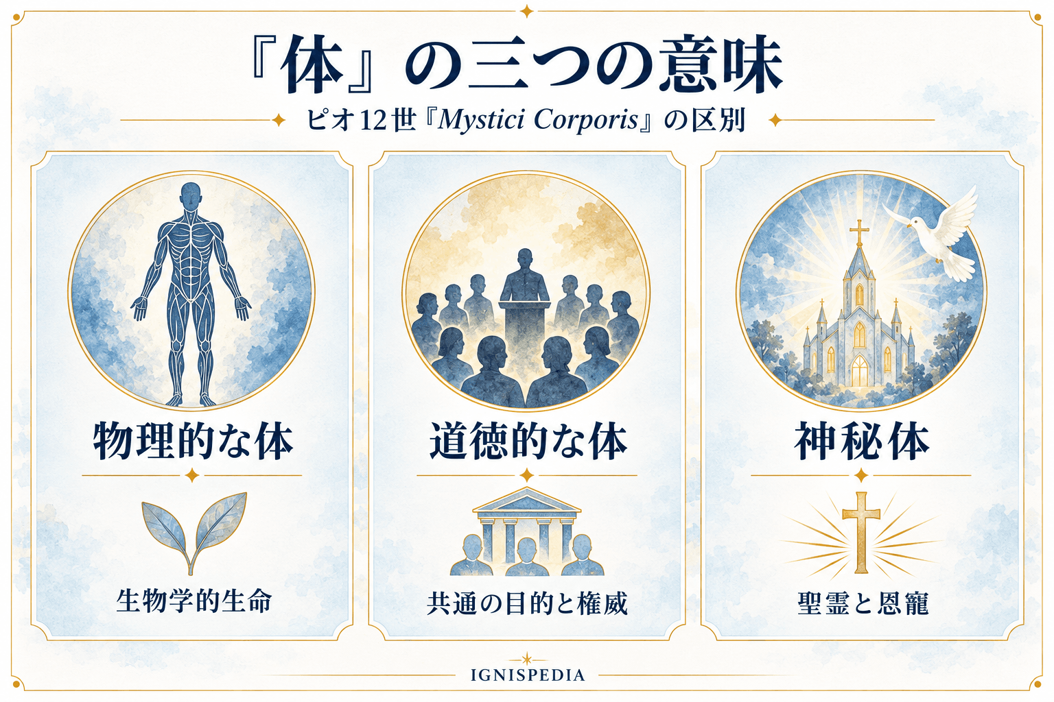 物理的な体、道徳的な体、神秘体を比較するインフォグラフィック