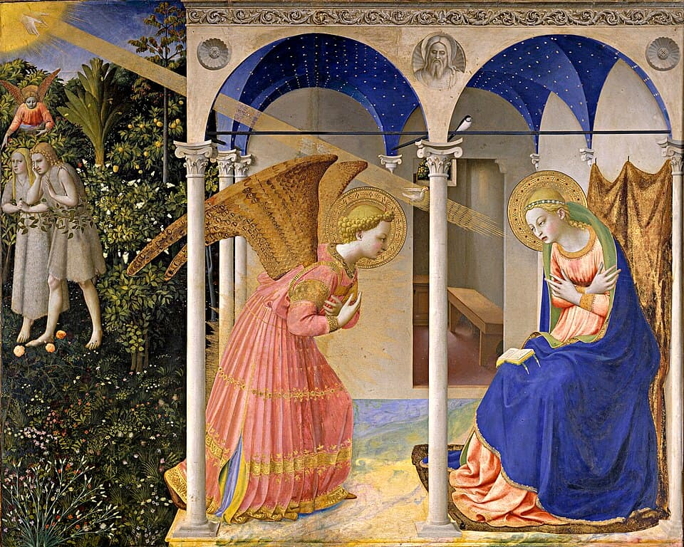 Die von Fra Angelico gemalte Verkündigung, mit dem Engel Gabriel vor der Jungfrau Maria