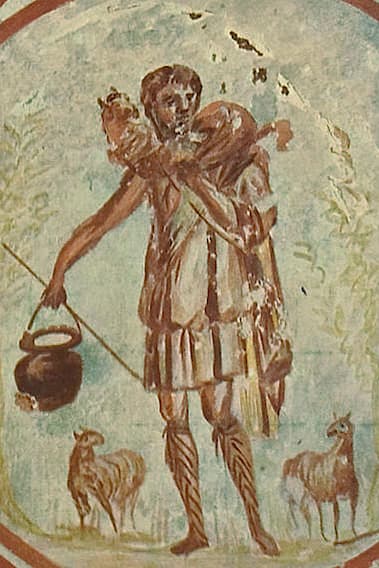 Frühchristliches Fresko des Guten Hirten, der ein Schaf auf den Schultern trägt