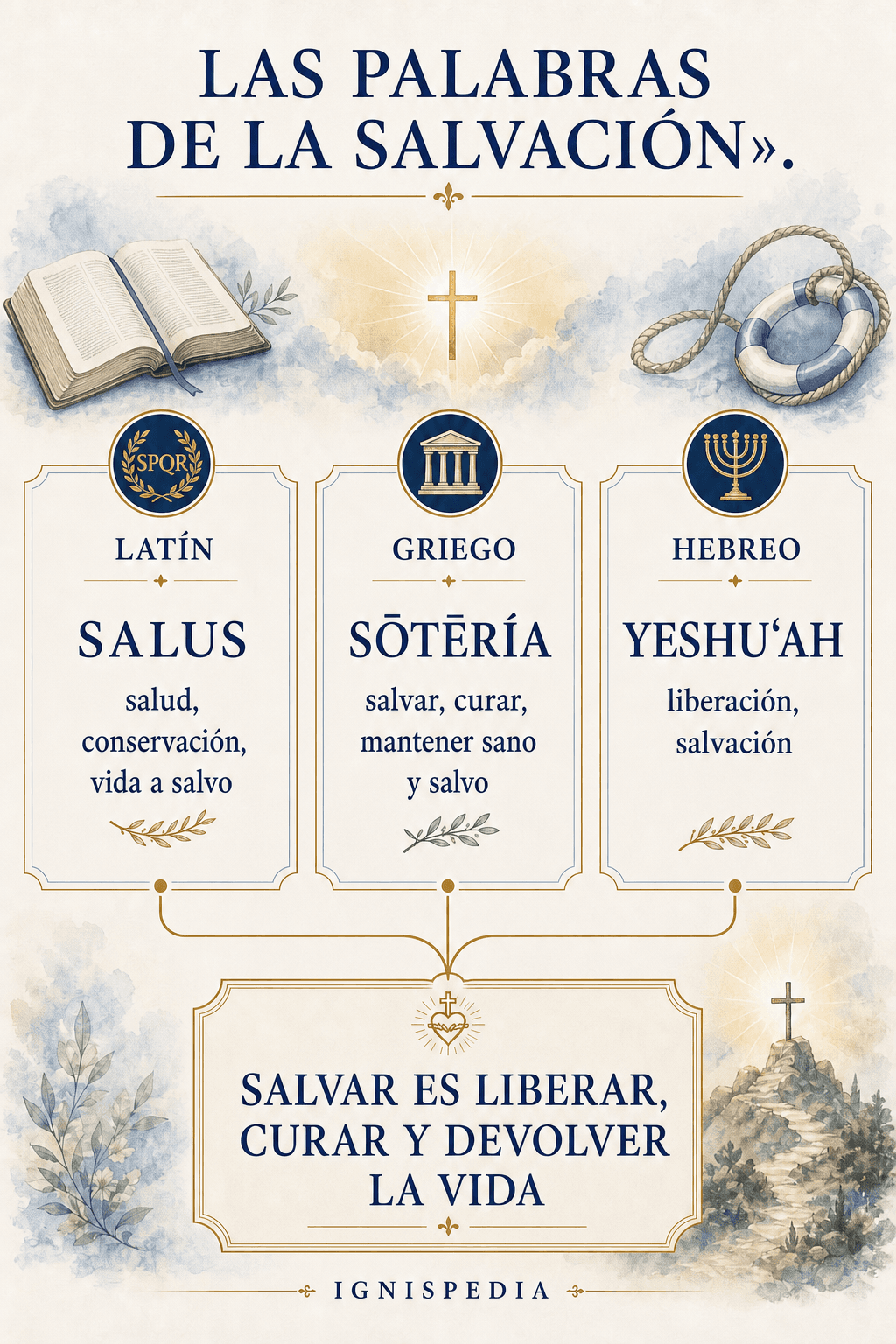 Infografía sobre la etimología de la palabra salvación en latín, griego y hebreo