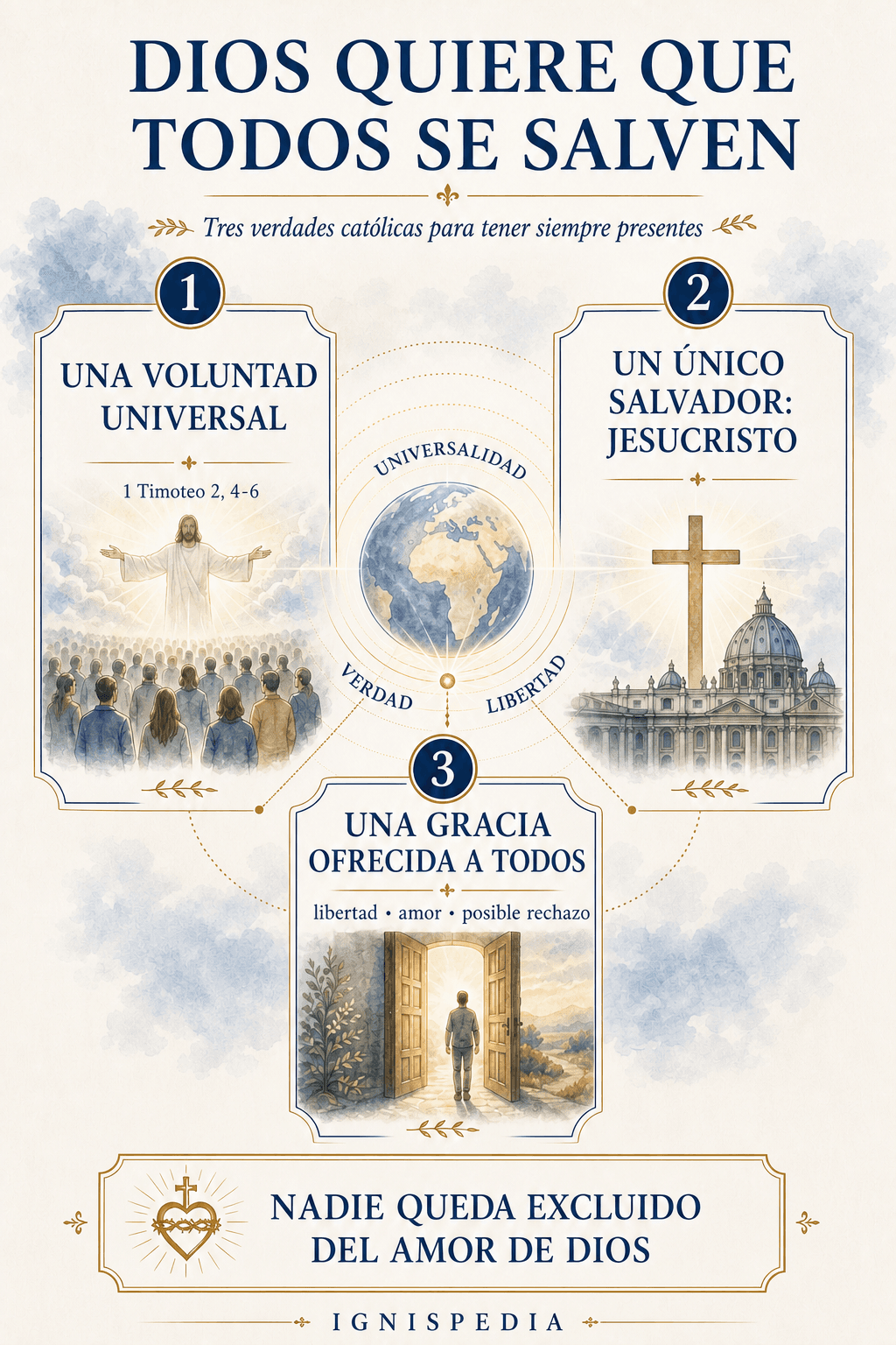 Infografía sobre la universalidad de la salvación: Dios quiere salvar a todos los hombres, por Cristo, sin forzar la libertad