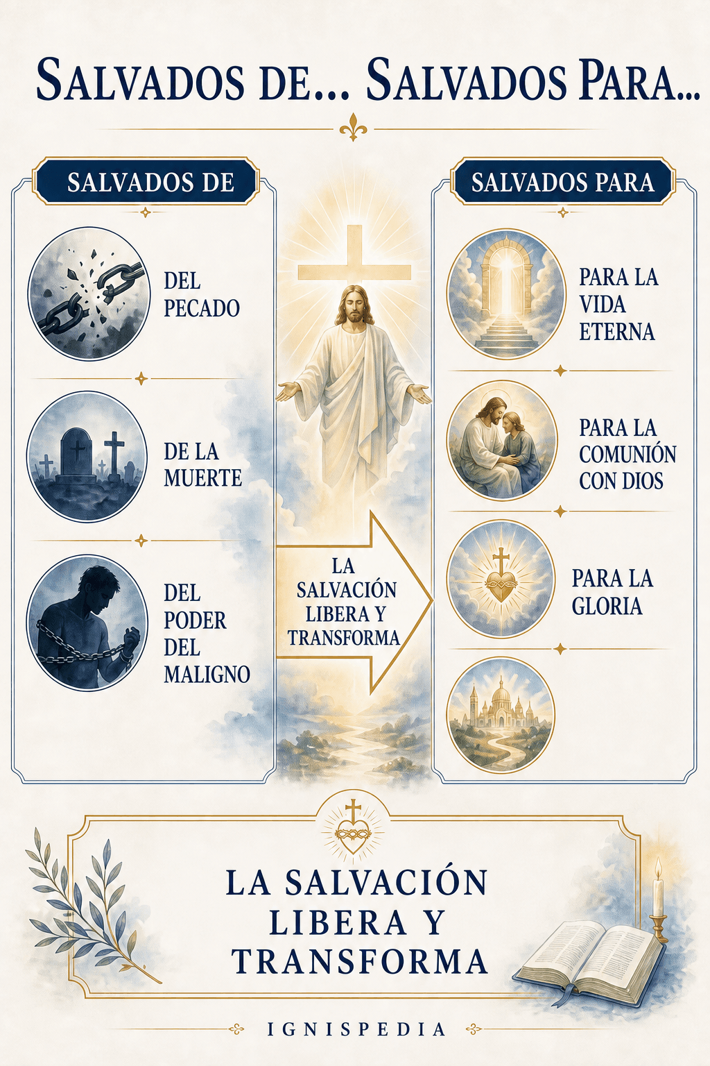 Infografía Salvados de, salvados para: del pecado, de la muerte y del Maligno hacia la vida eterna en Dios