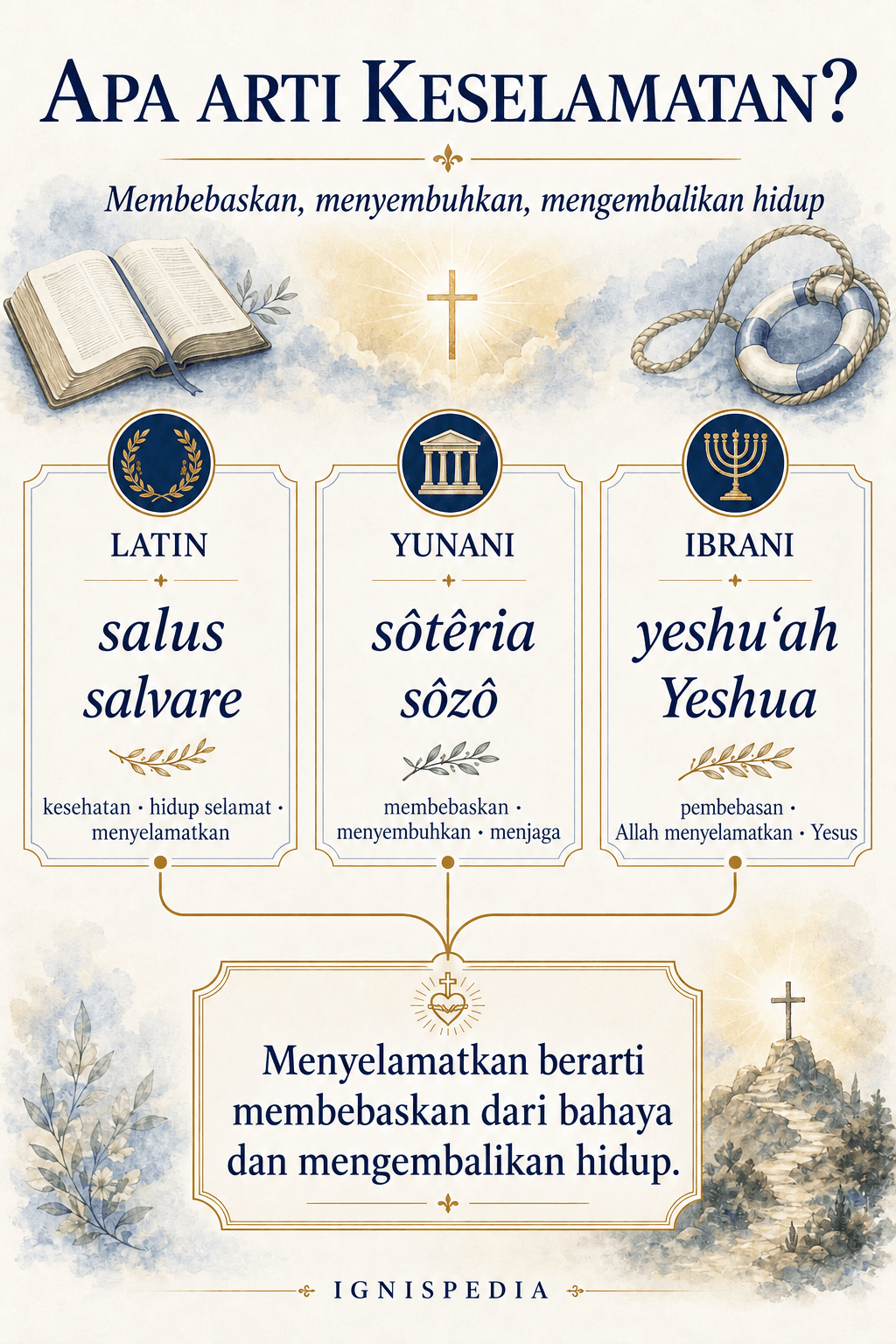 Infografis tentang etimologi kata keselamatan dalam bahasa Latin, Yunani, dan Ibrani