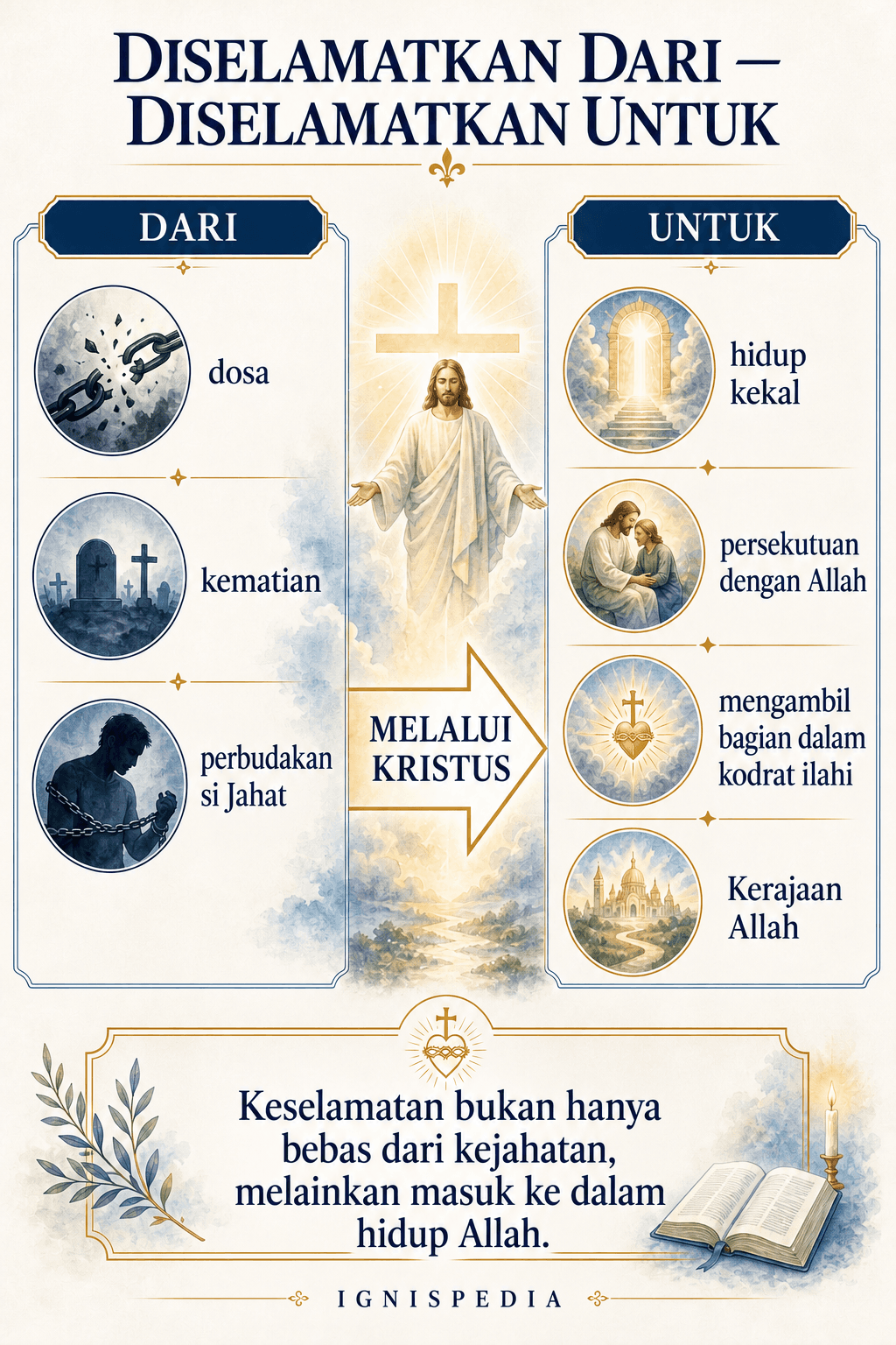 Infografis Diselamatkan dari, diselamatkan untuk: dari dosa, kematian, dan si Jahat menuju hidup kekal dalam Allah