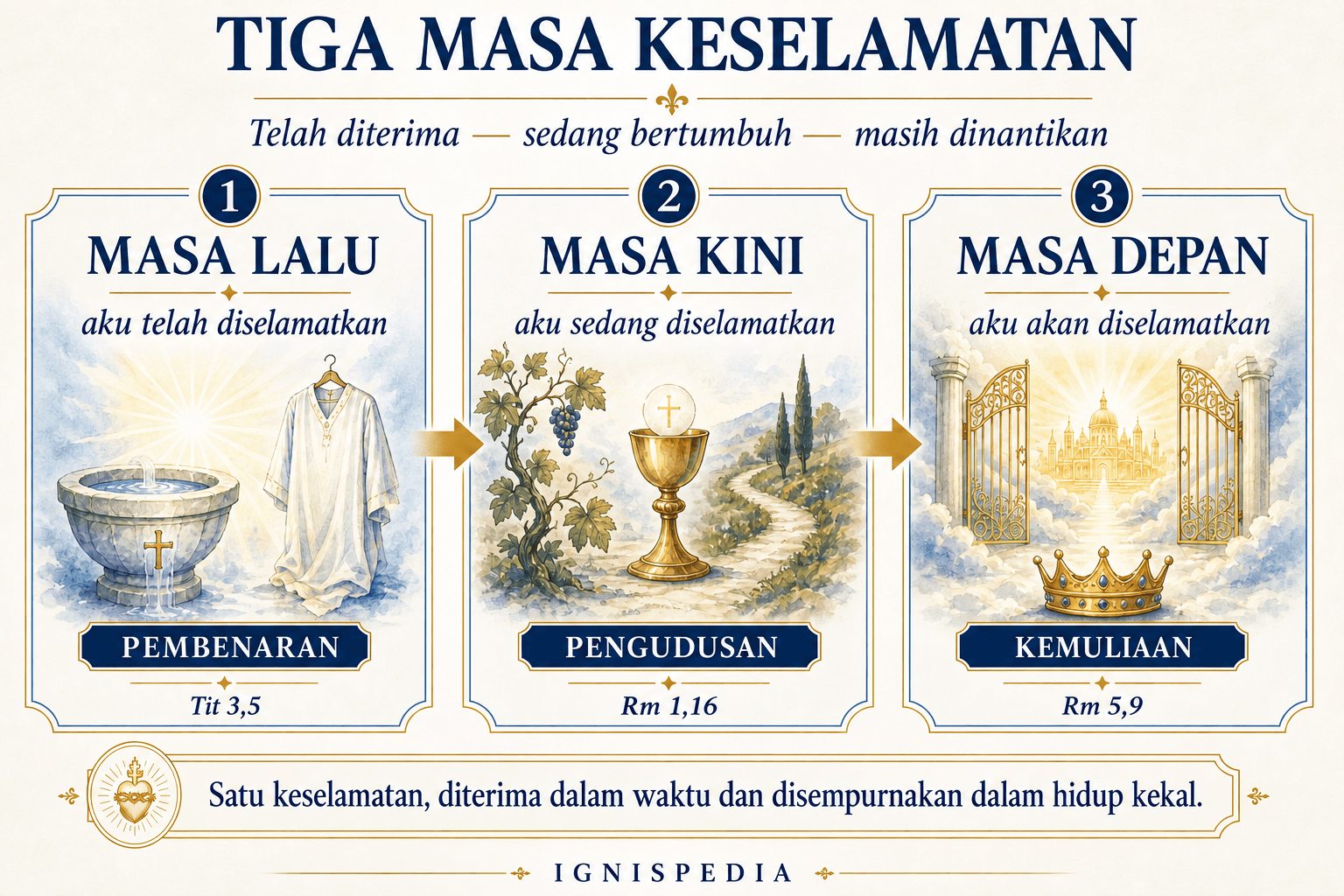 Infografis tentang tiga waktu keselamatan: lampau, kini, dan mendatang