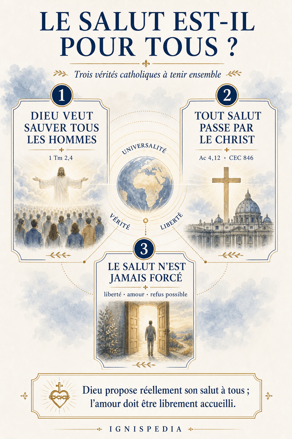 Infographie sur l'universalité du salut : Dieu veut sauver tous les hommes, par le Christ, sans forcer la liberté
