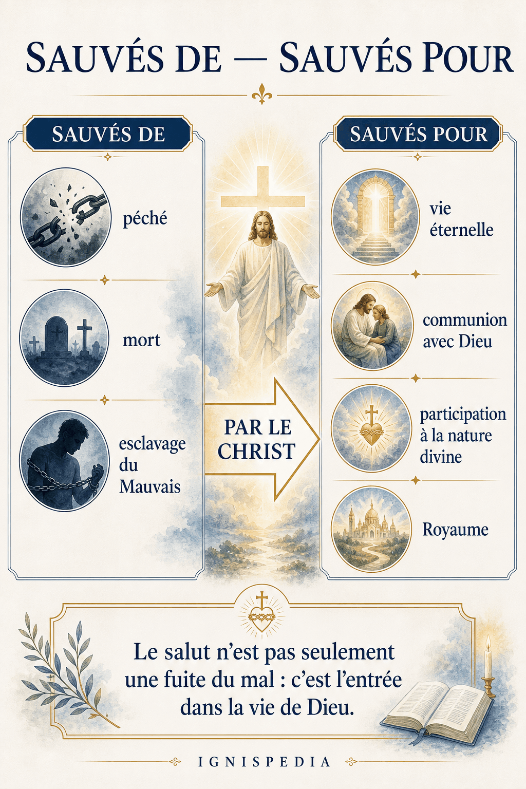 Infographie Sauvés de, sauvés pour : du péché, de la mort et du Mauvais vers la vie éternelle en Dieu