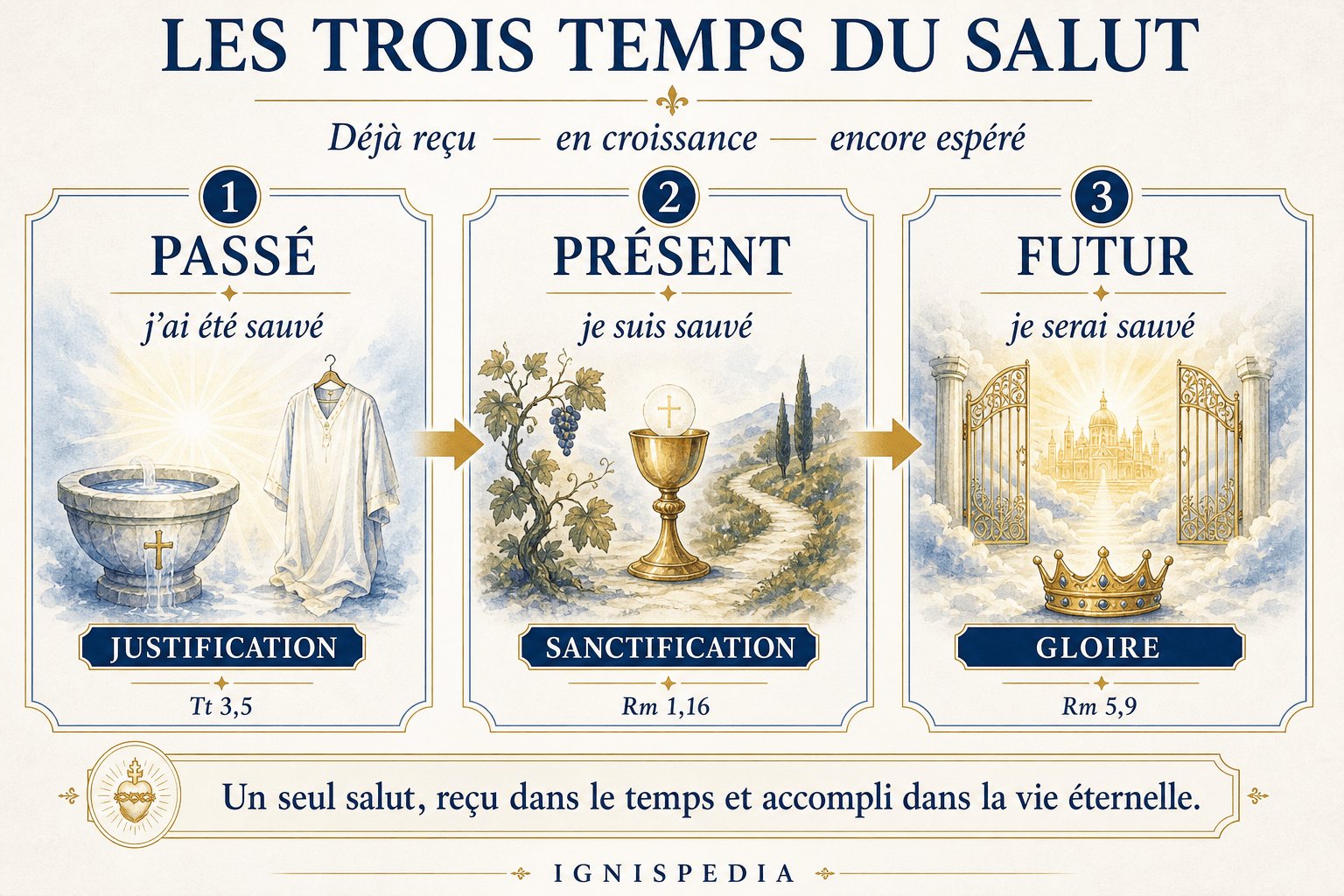 Infographie sur les trois temps du salut : passé, présent et futur