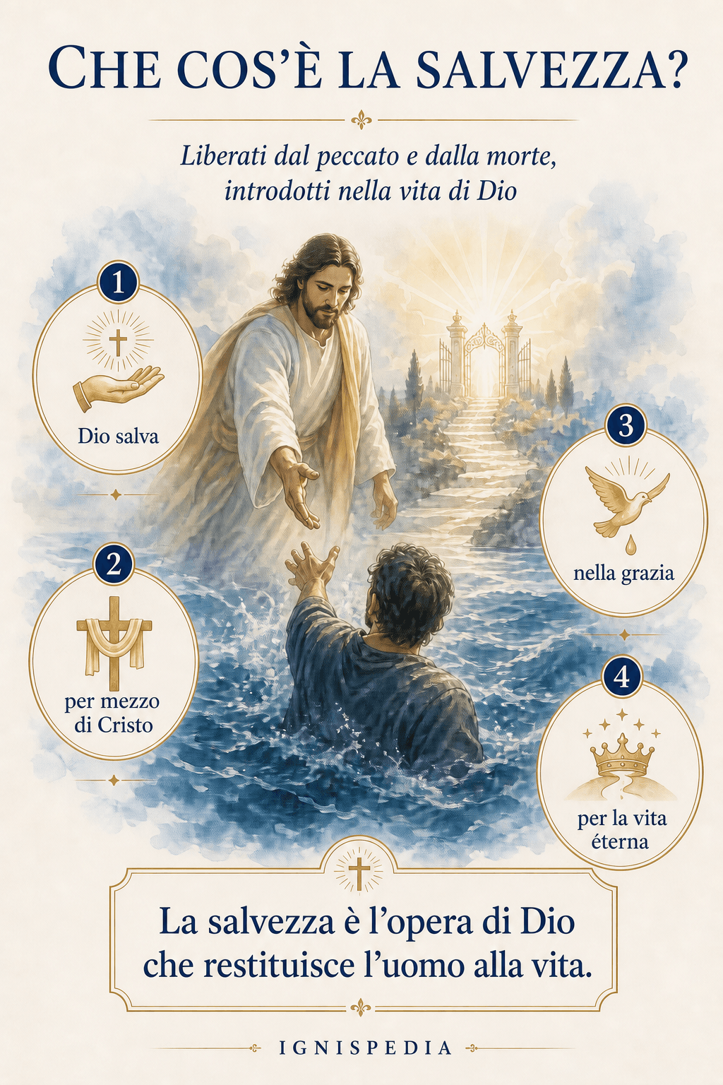 Il Cristo Salvatore che tende la mano all’uomo tratto dalle acque — la salvezza come liberazione dal peccato e dalla morte e dono della vita divina