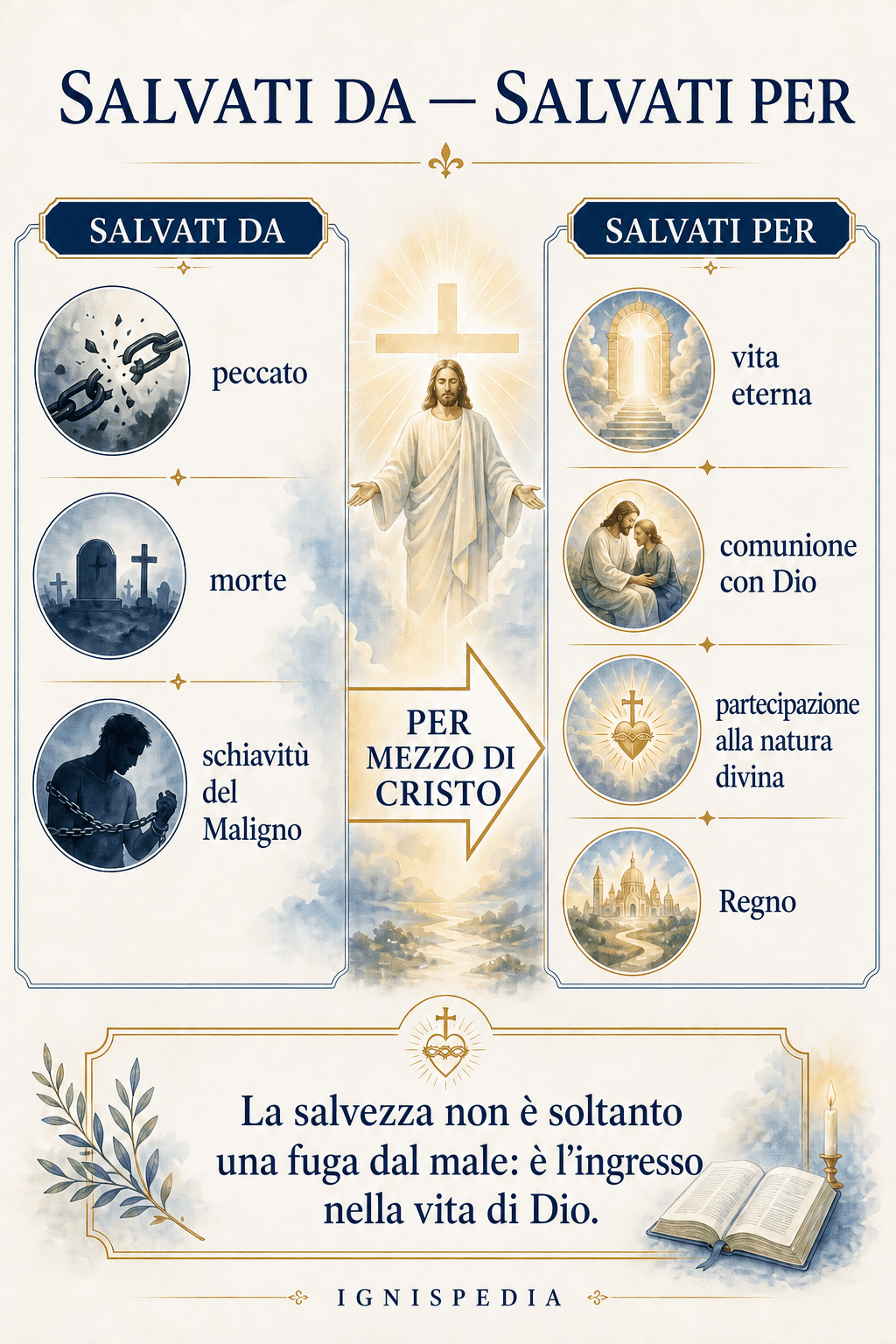 Infografica Salvati da, salvati per: dal peccato, dalla morte e dal Maligno verso la vita eterna in Dio