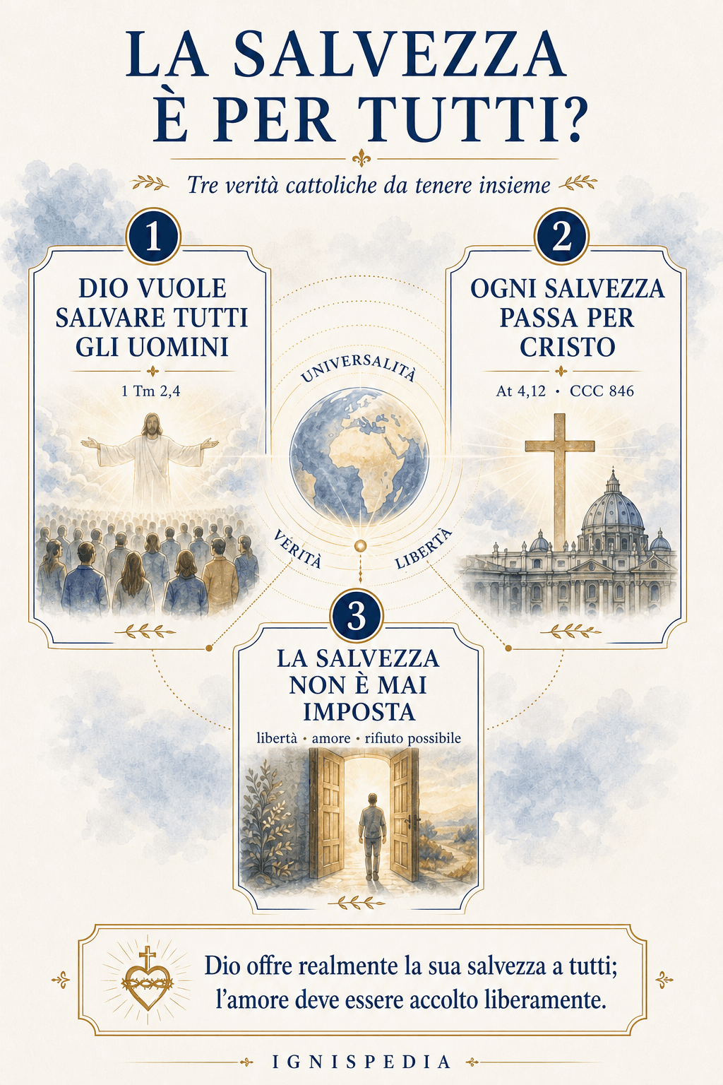 Infografica sull’universalità della salvezza: Dio vuole salvare tutti gli uomini, per mezzo di Cristo, senza forzare la libertà