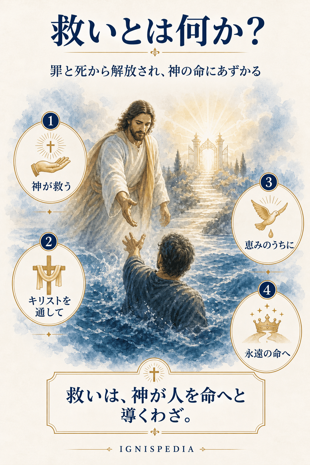 水から救い上げられた人に手を差し伸べるキリスト・救い主 — 罪と死からの解放と神の命の賜物としての救い