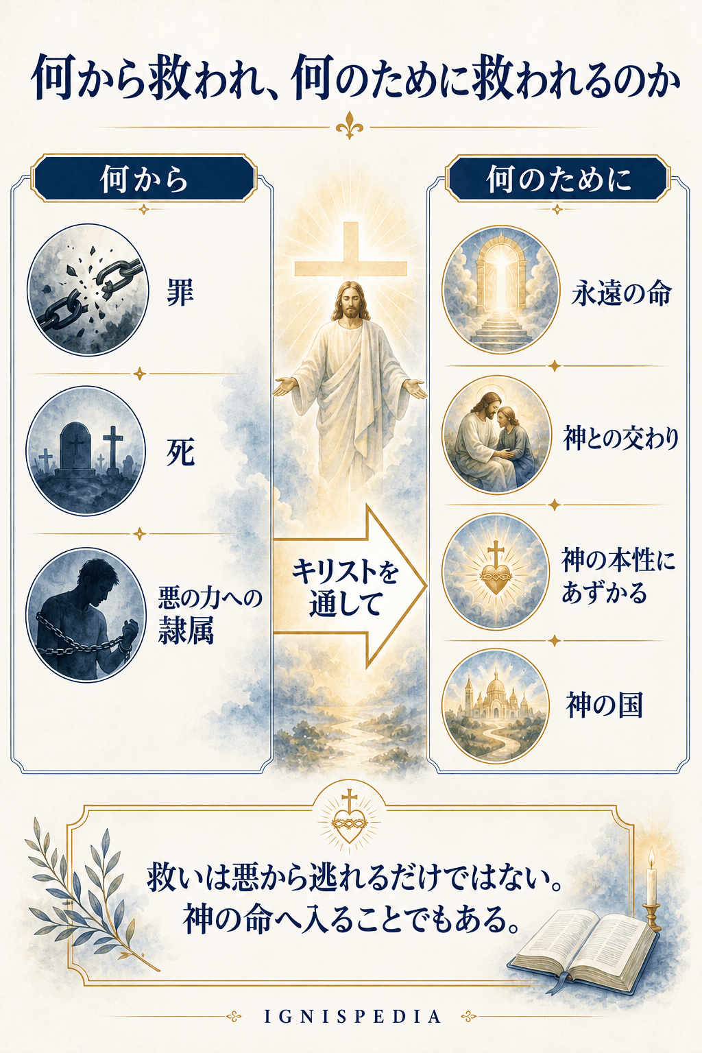 「救われるのは何かから、何かのために」というインフォグラフィック：罪、死、悪者から、神における永遠の命へ