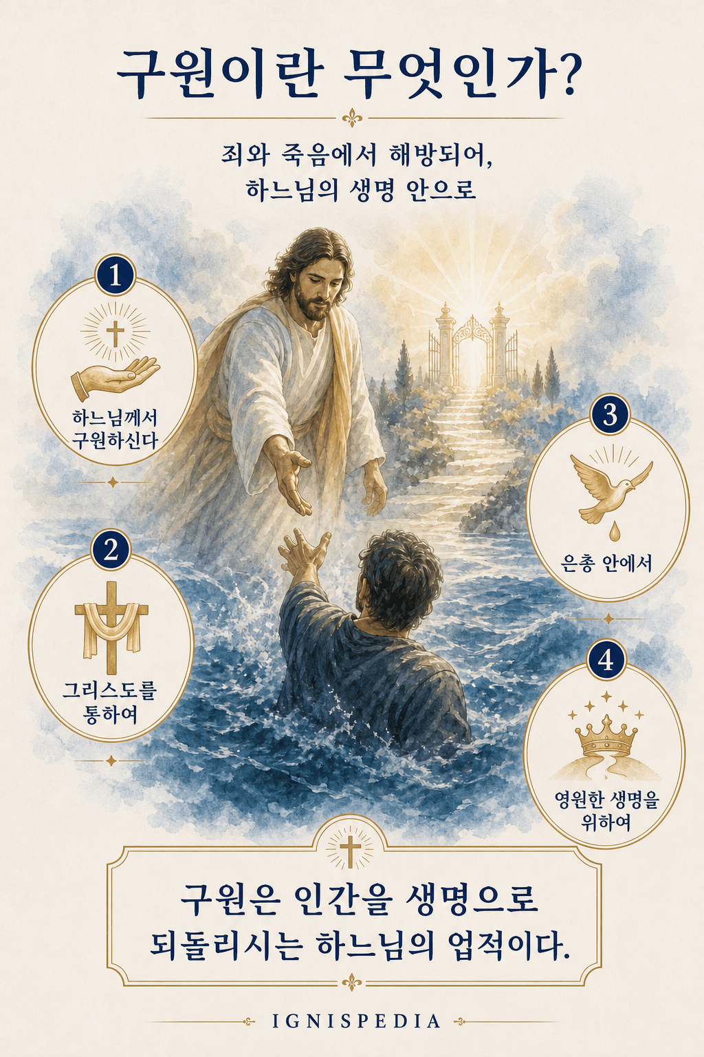 구세주 그리스도께서 물에서 건져 올려진 사람에게 손을 내미심 — 죄와 죽음으로부터의 해방이자 신적 생명의 선물로서의 구원