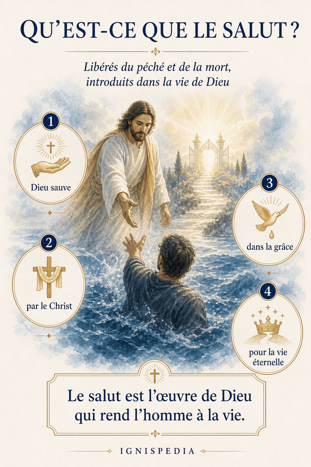 Le Christ Sauveur tendant la main à l'homme tiré des eaux — le salut comme libération du péché et de la mort et don de la vie divine
